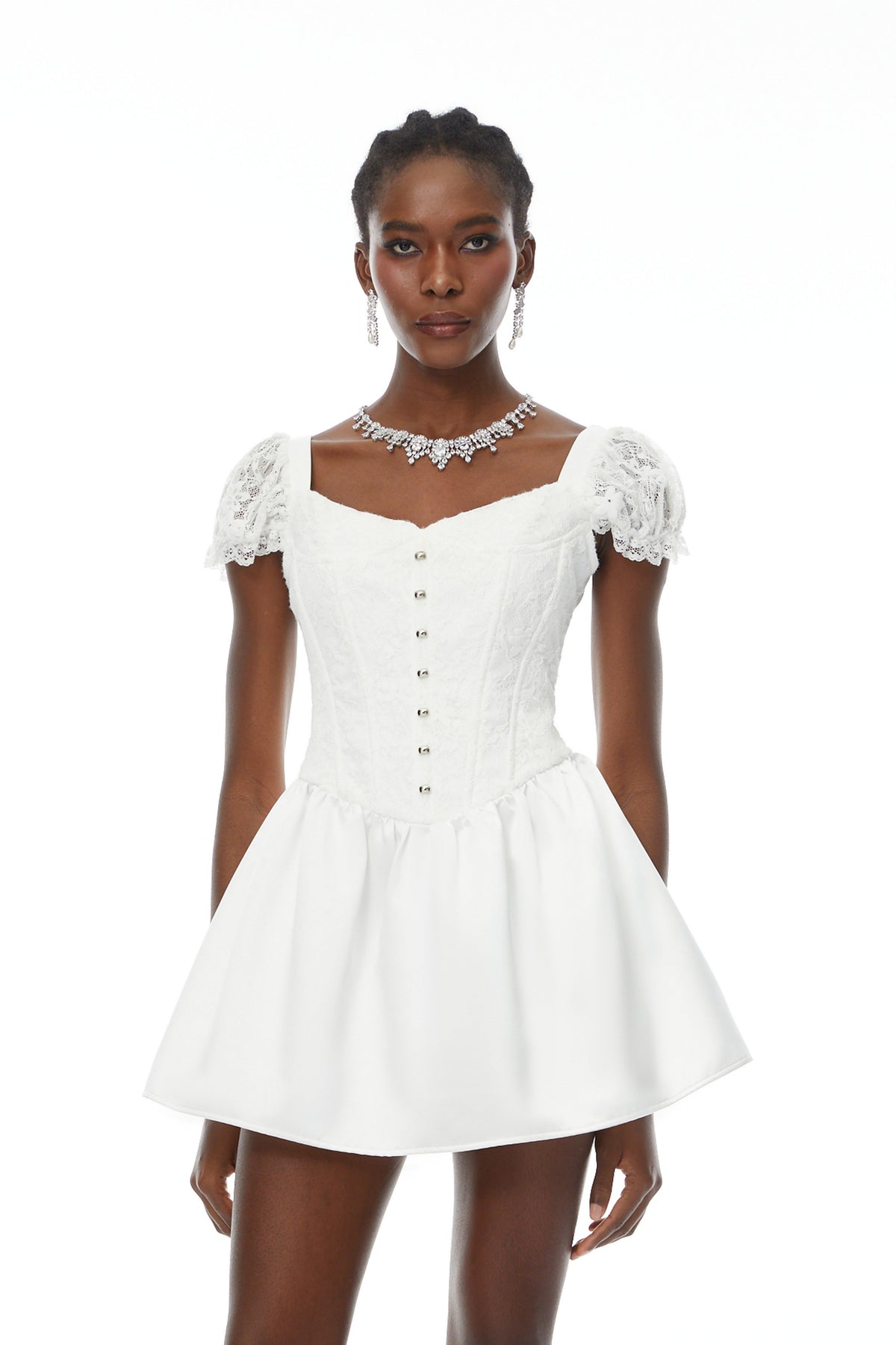 Candice White Lace Panel Corset Puff Mini Dress (Final Sale)