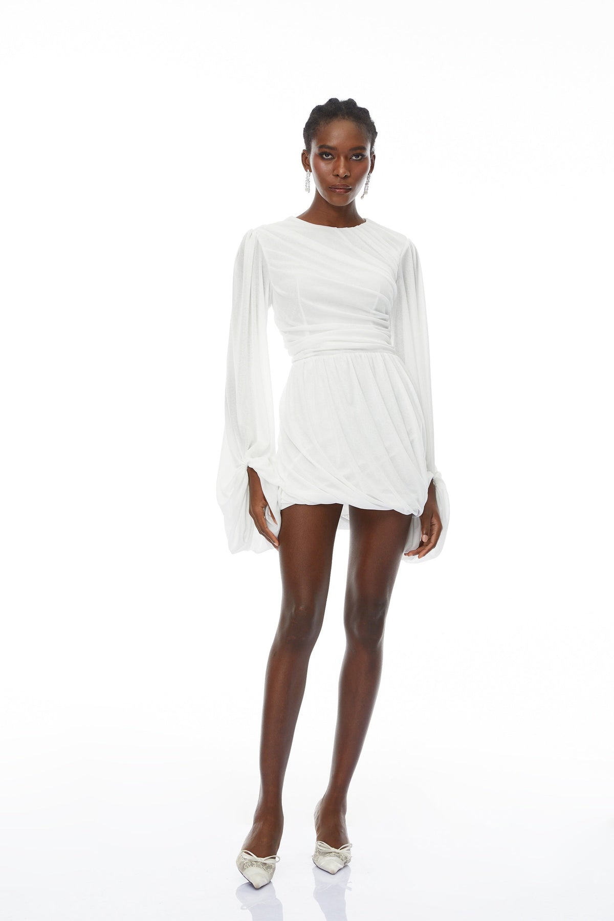 Thiago White Ruched Bubble Hem Mini Dress