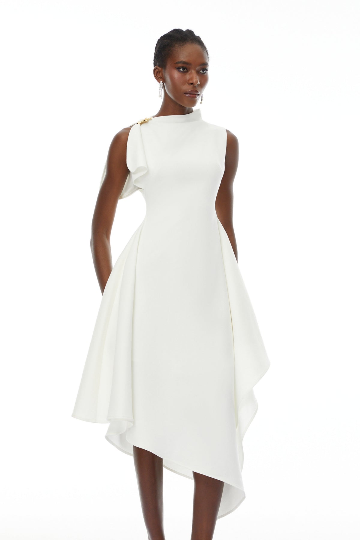 Liana White Asymmetrical Flared Midi Dress (Final Sale-US Only)