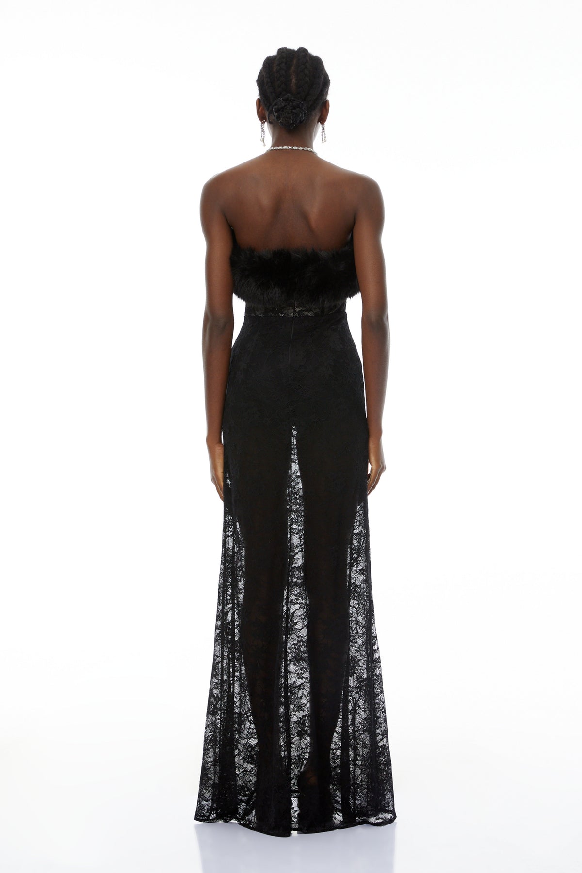 Tecla Black Lace Maxi Dress with Faux Fur Trim (Final Sale)
