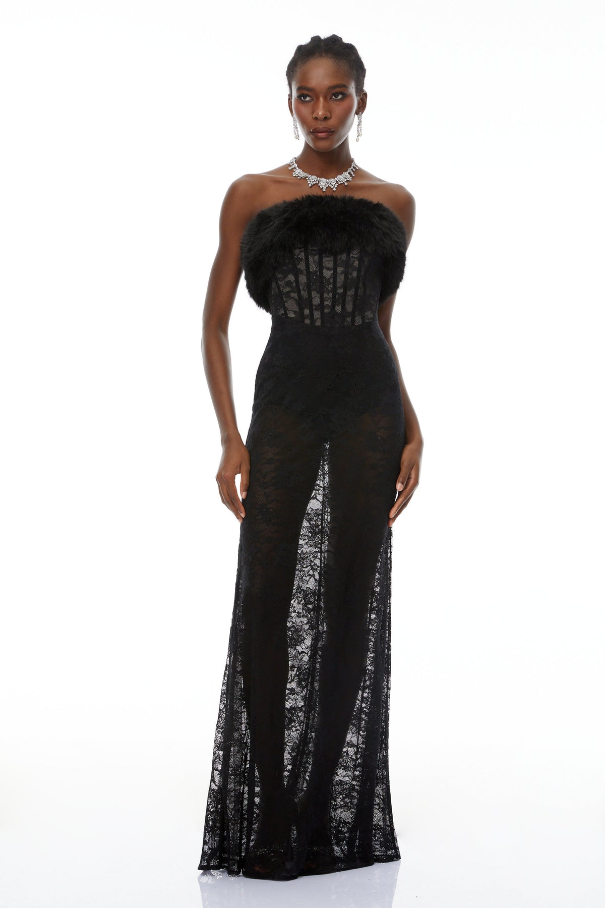 Tecla Black Lace Maxi Dress with Faux Fur Trim (Final Sale-US Only)