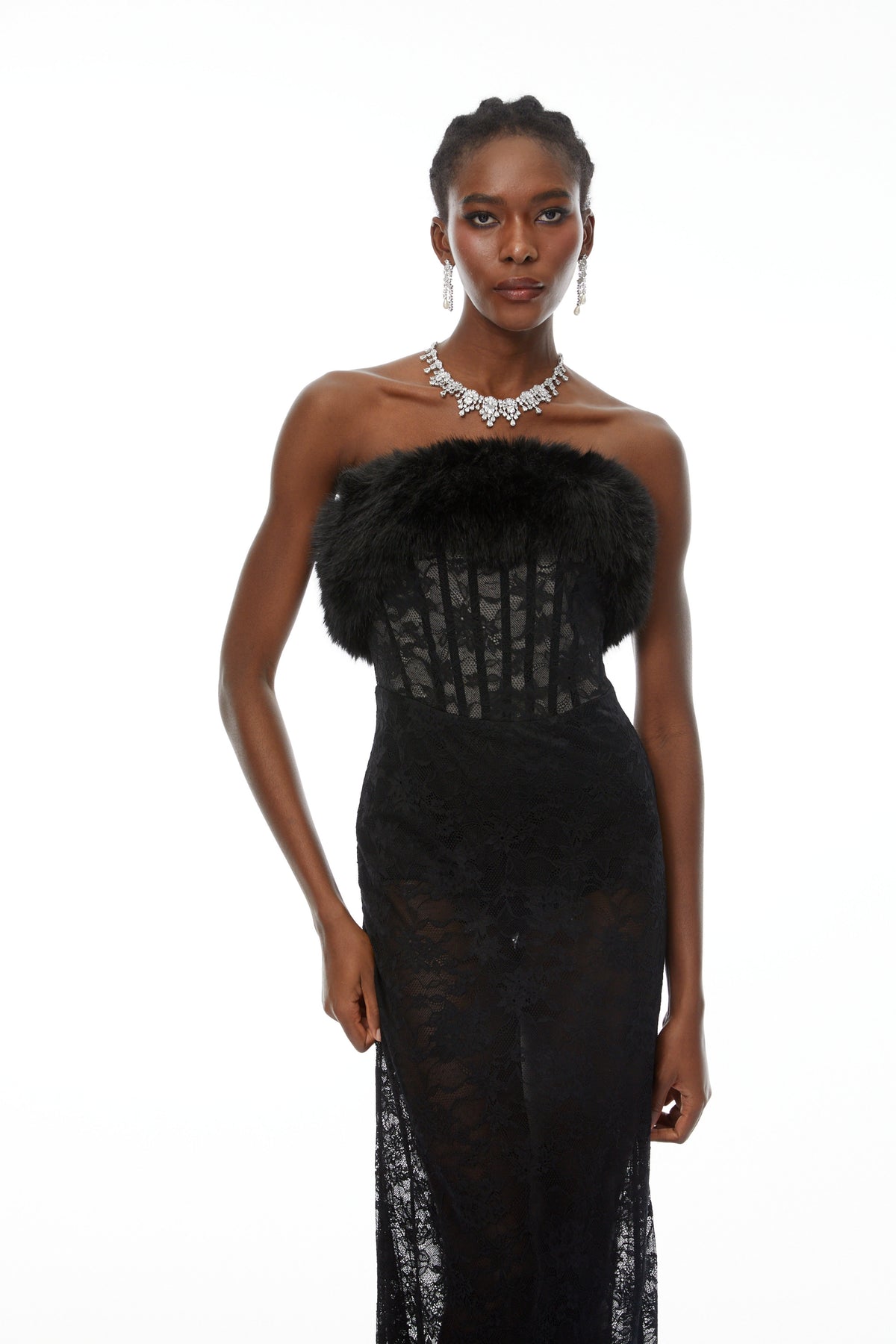 Tecla Black Lace Maxi Dress with Faux Fur Trim (Final Sale)