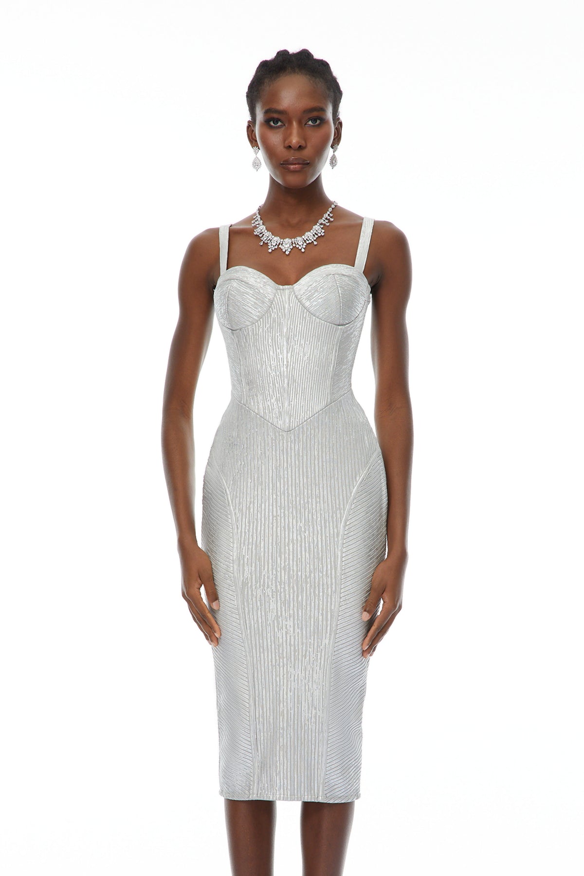 Eric Silver Cinched Waist Midi Dress