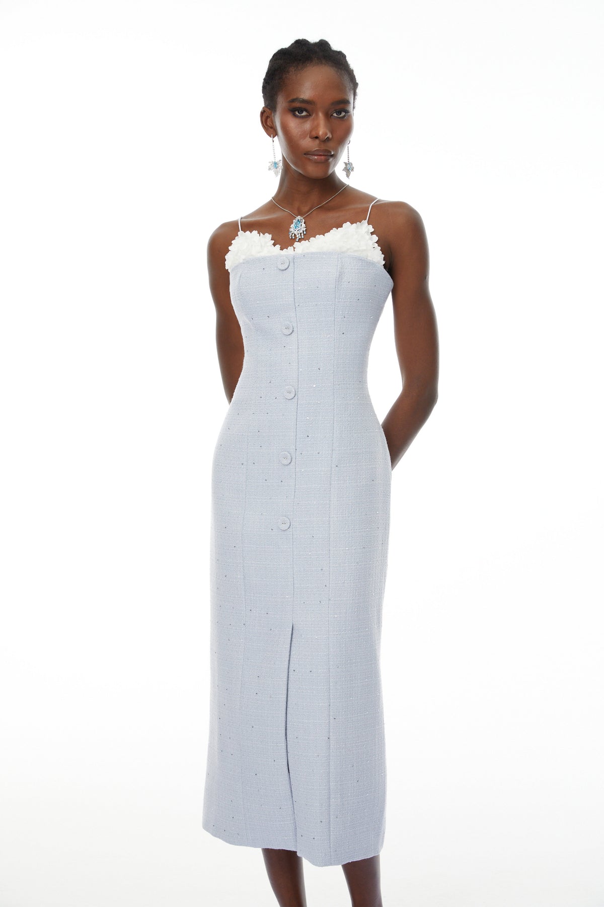 Célia Blue Tweed Midi Dress with Petal Trim