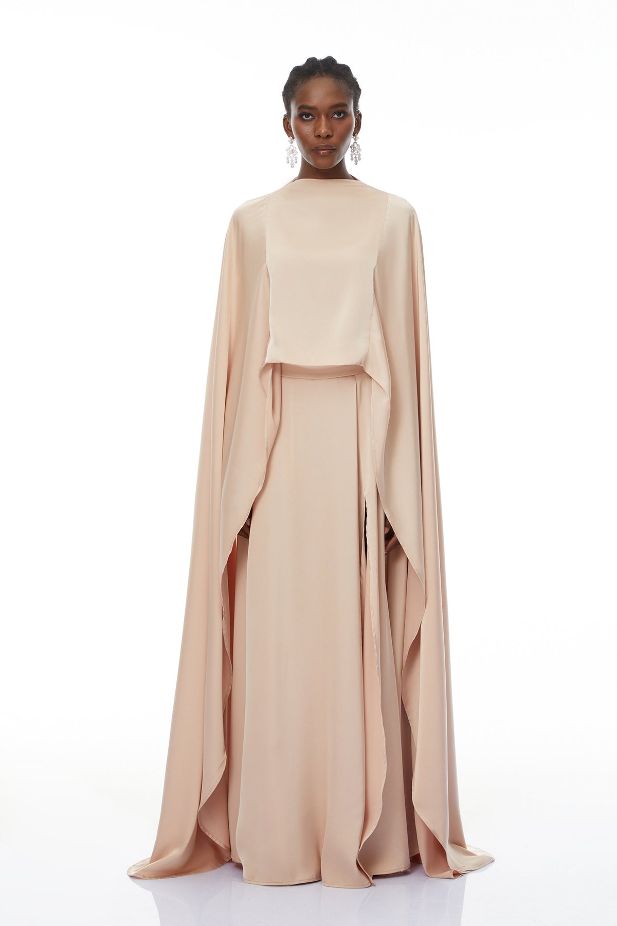 Everleigh Champagne Satin Top & Skirt Set With Cape Detail (Final Sale)
