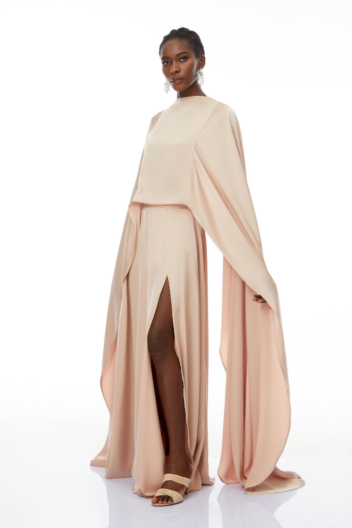 Everleigh Champagne Satin Top & Skirt Set With Cape Detail