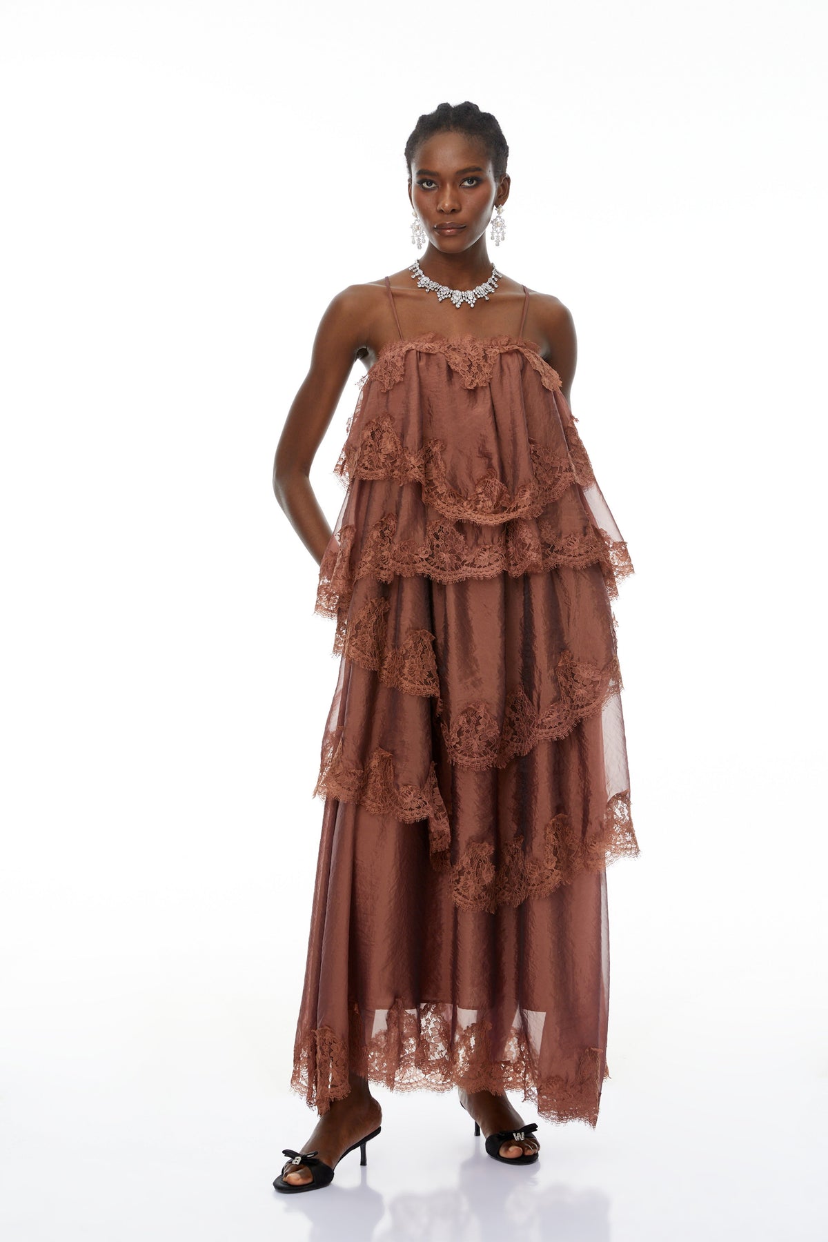 Sloane Brown Ruffled Lace Trim Maxi Dress