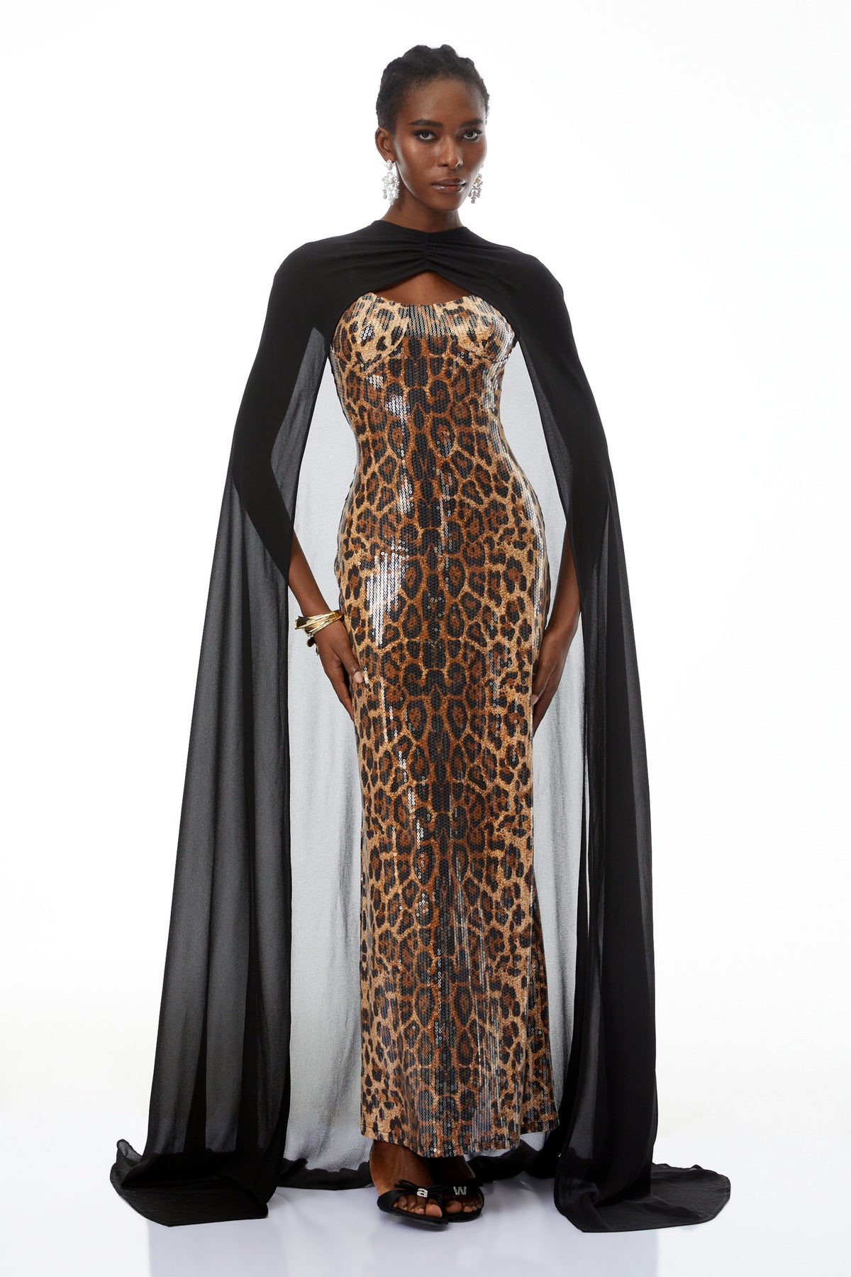 Lorenzo Black Cape & Leopard Print Maxi Dress Set (Final Sale)