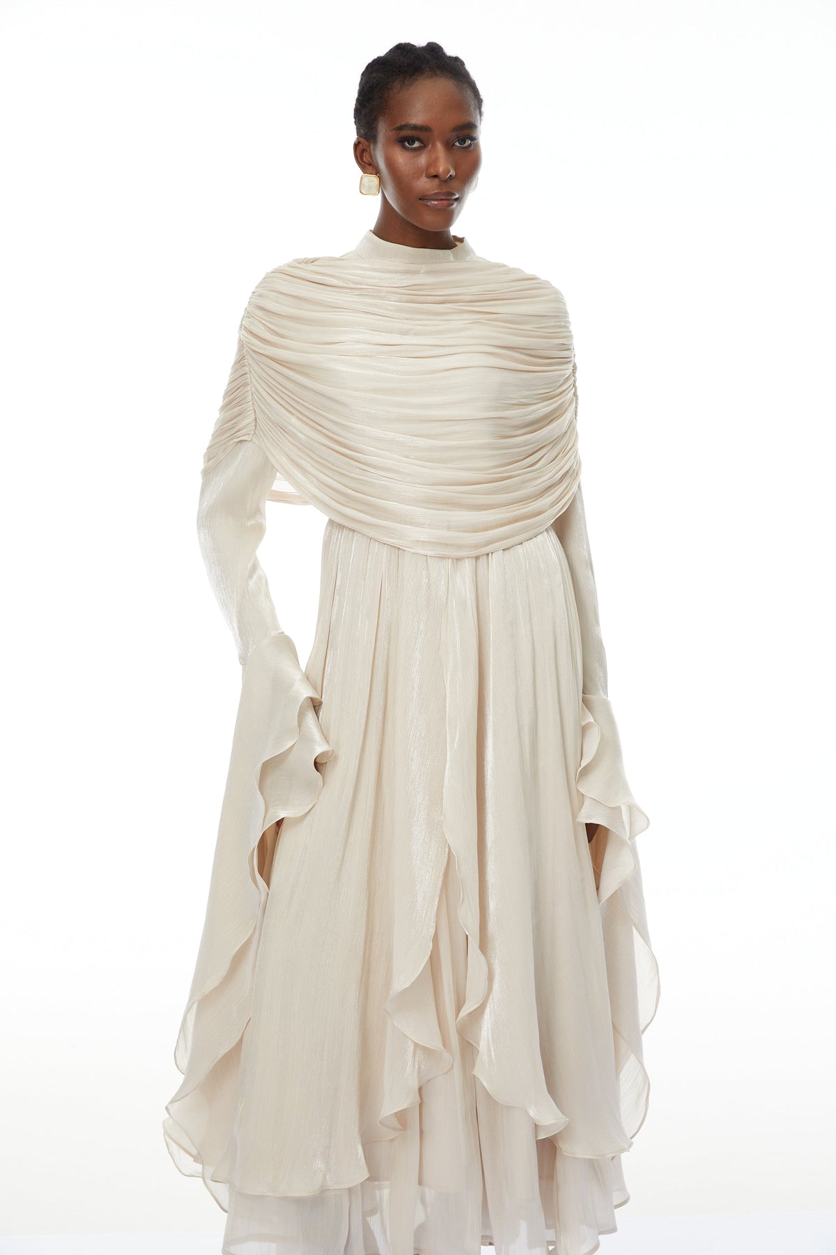 Gustave Neutral Ruched Cape Ruffled Maxi Dress (Final Sale-US Only)