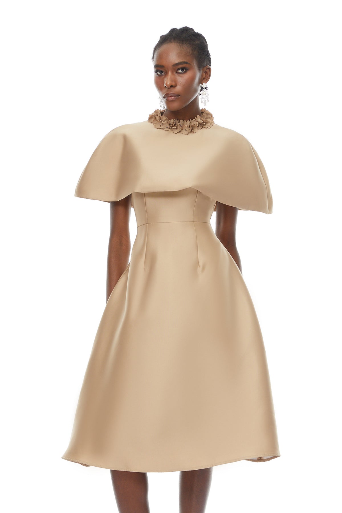 Hilda Khaki Cape Design Satin Midi Dress