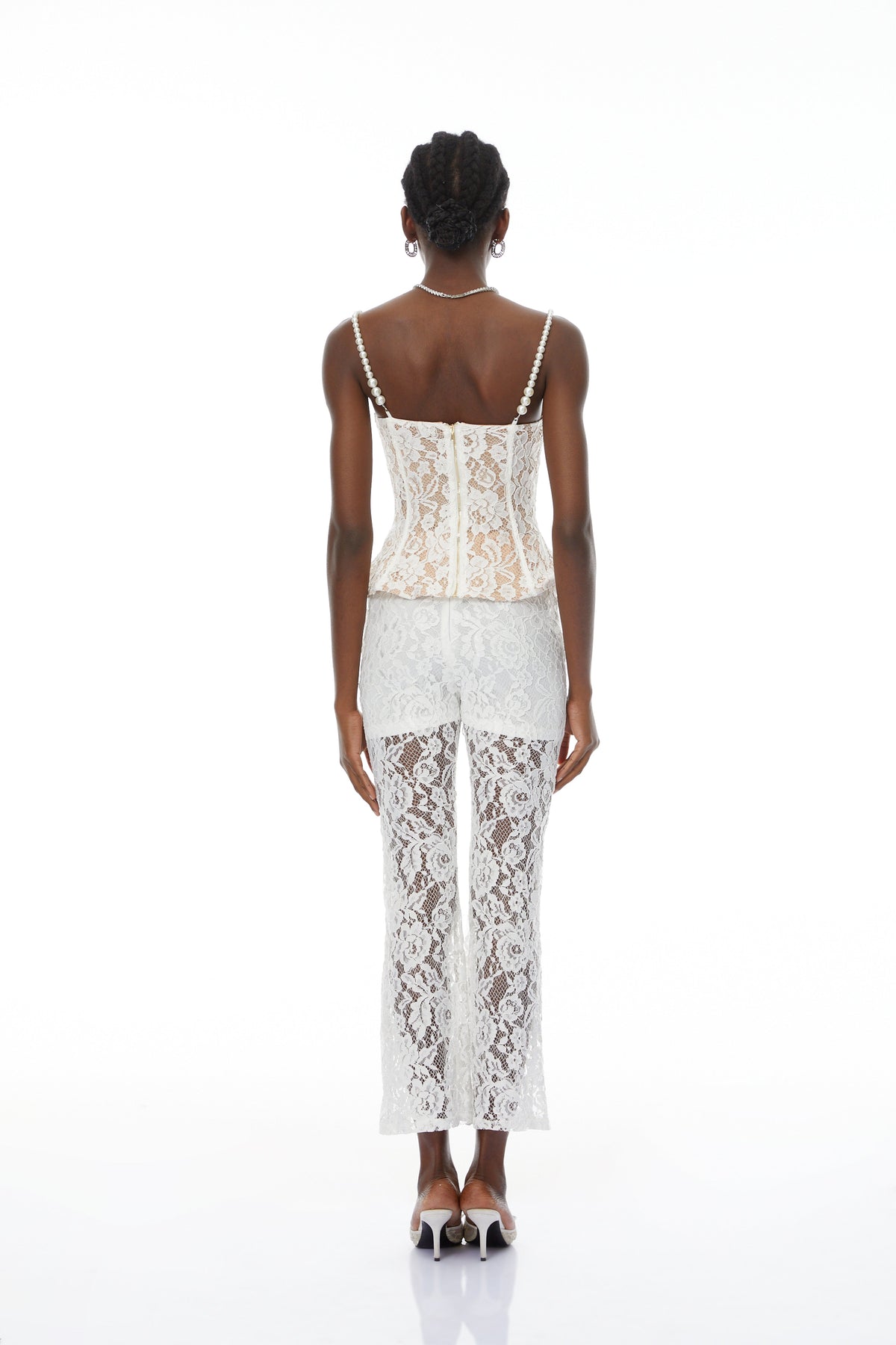 Védís White Floral Lace Top & Trousers Set