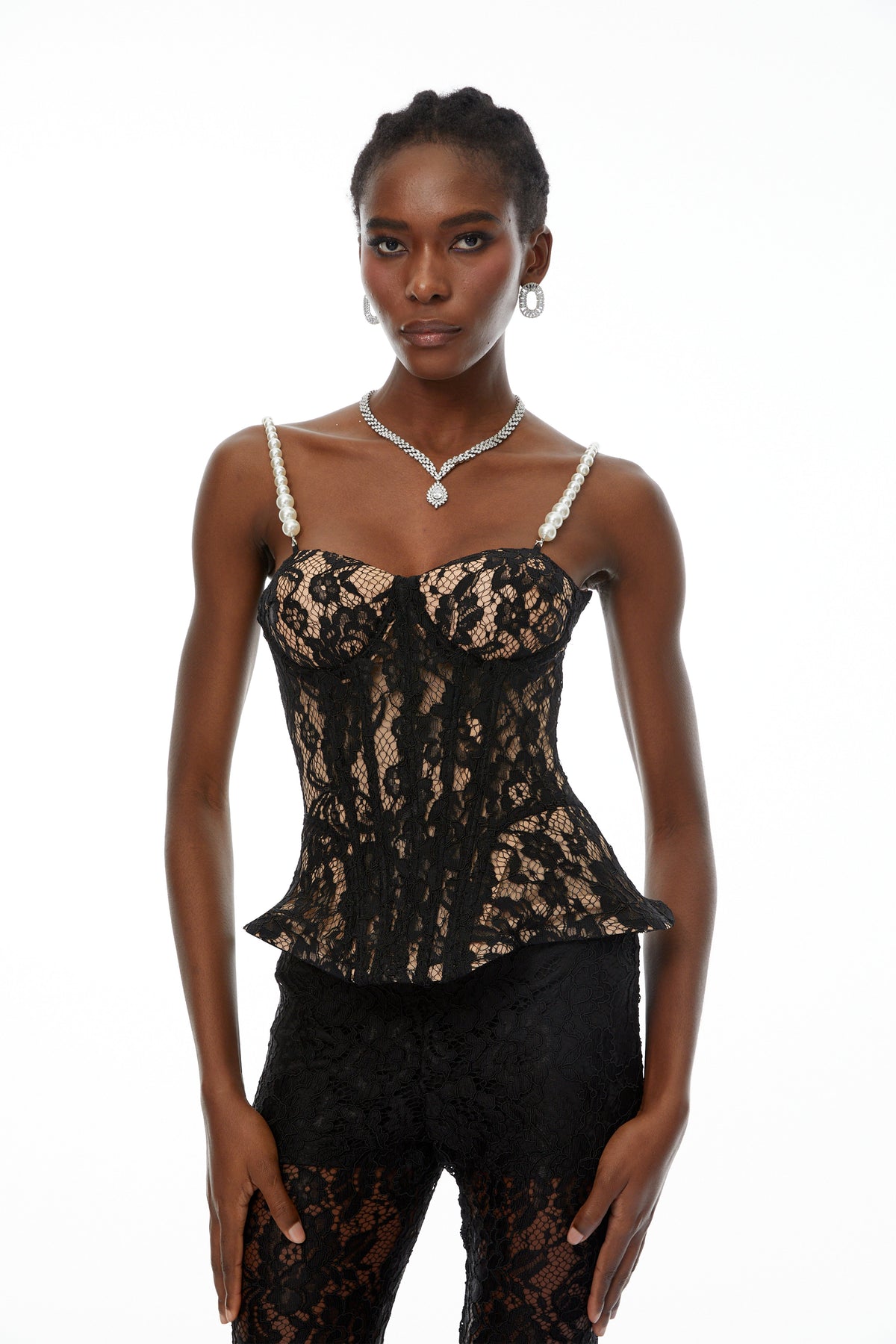 Védís Black Floral Lace Top & Trousers Set