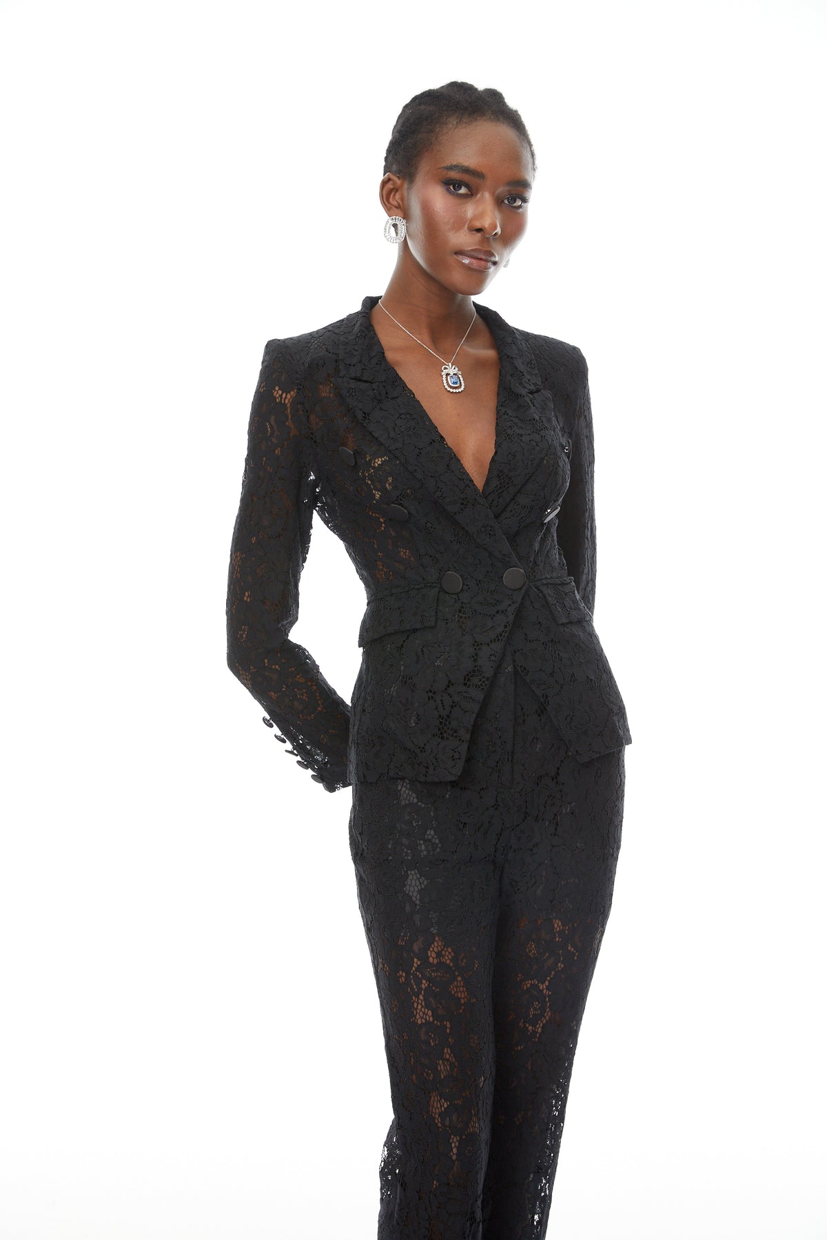 Zoé Black Sheer Lace Blazer & Trousers Matching Set