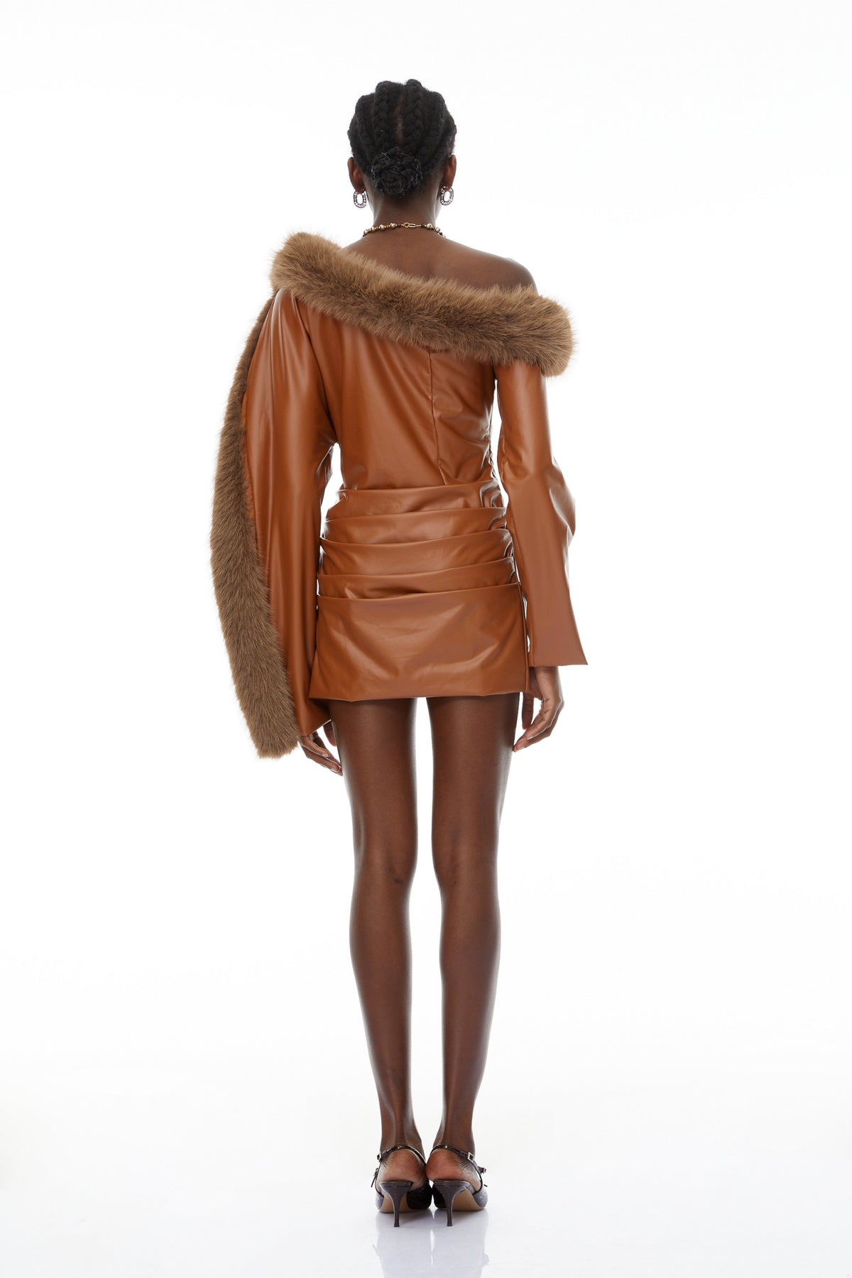 Natividad Brown Fur Trim Leather Mini Dress