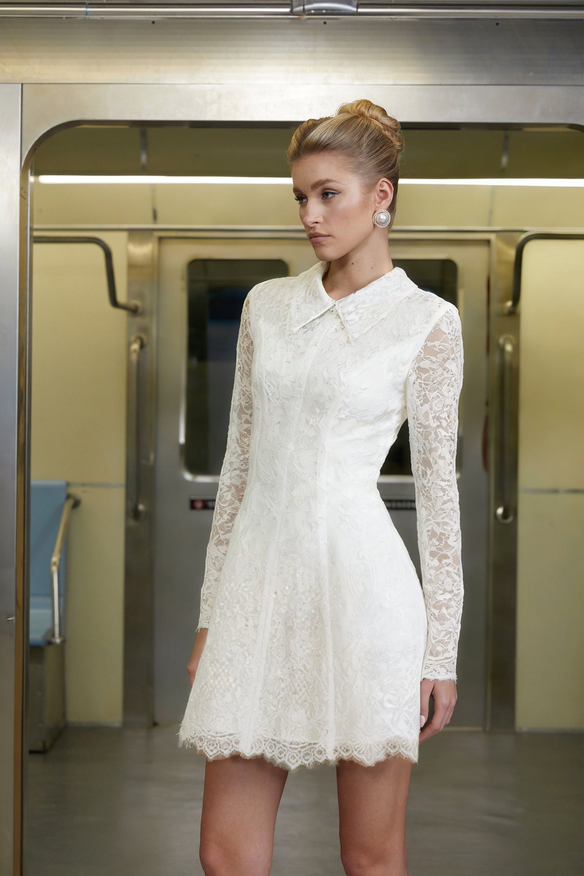 Aleksandra White Sequin Floral Lace Mini Dress
