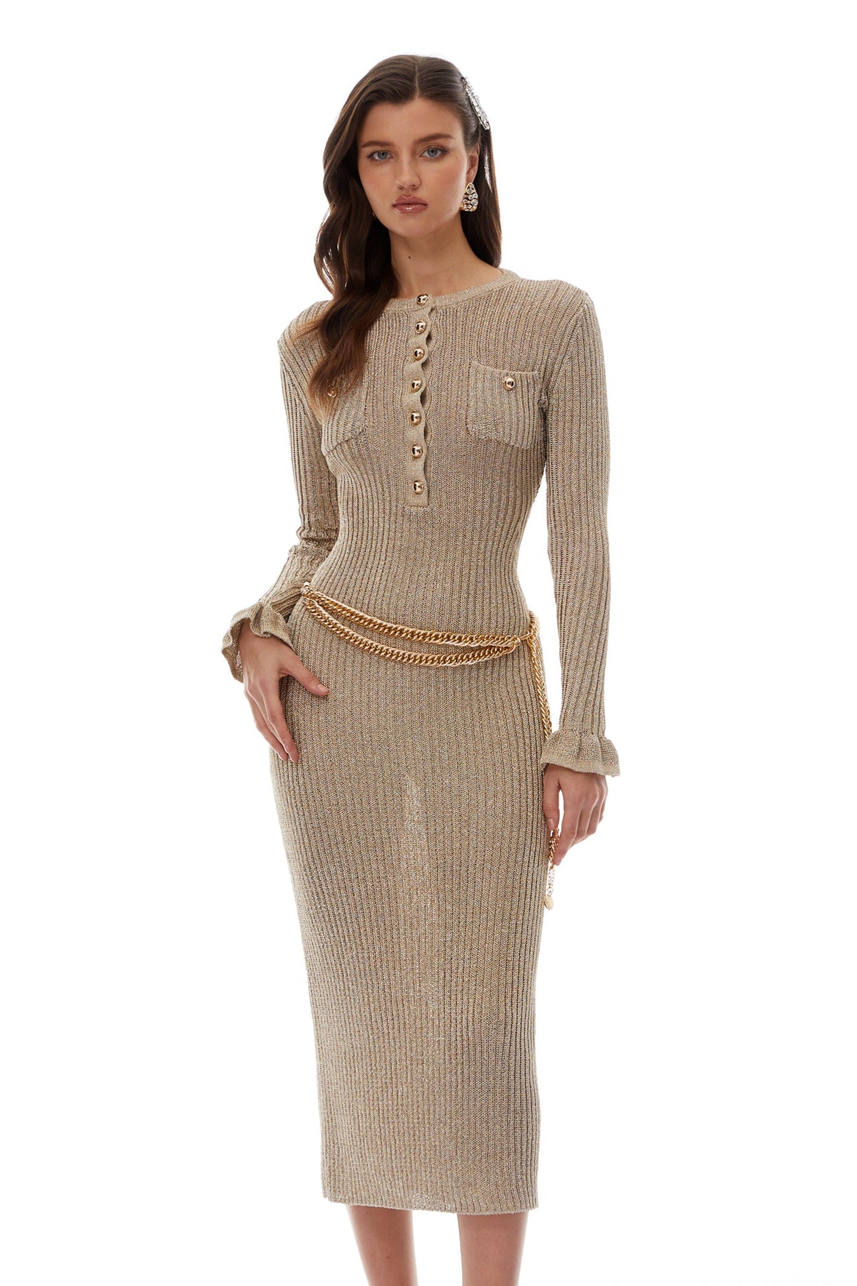 Steinunn Gold Chain Tie Ribbed Knit Midi Dress