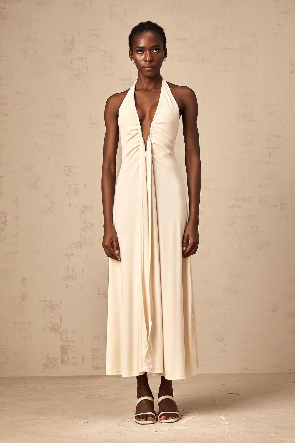 Géraldine white deep V-neck draped maxi dress