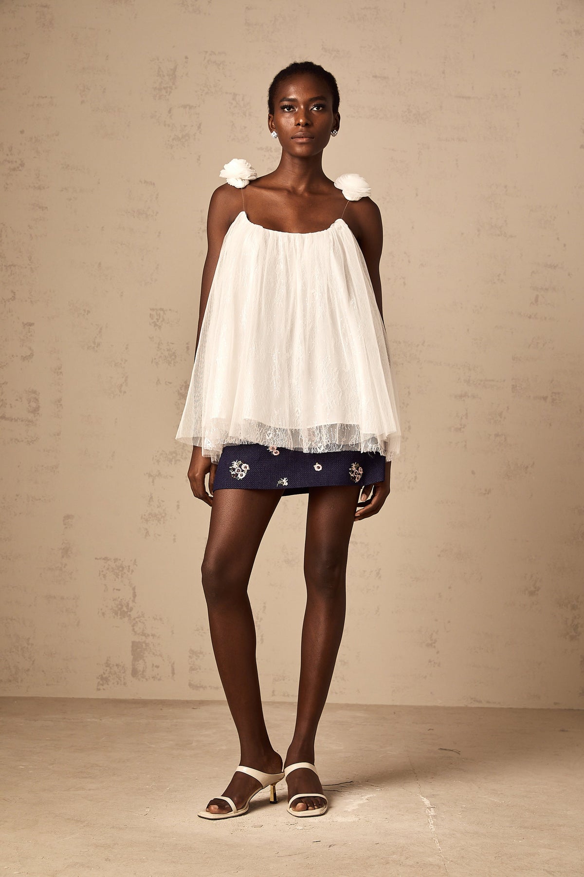 Katia white flower-appliqué mesh top