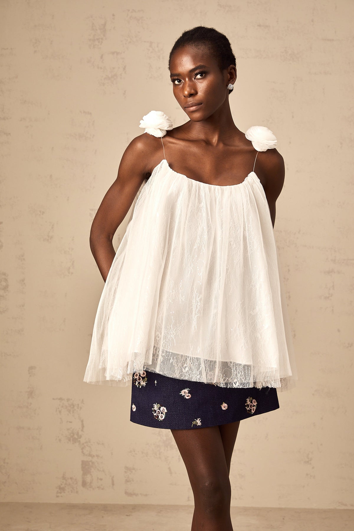 Katia white flower-appliqué mesh top