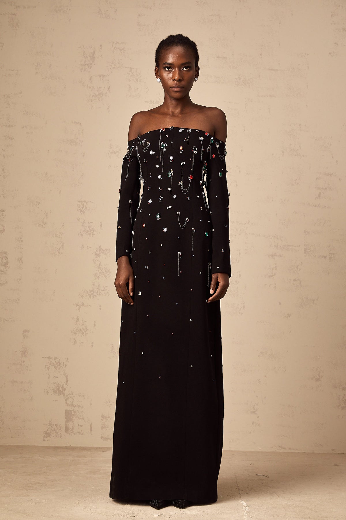 Gabrielle black crystal off-shoulder maxi dress (Final Sale)