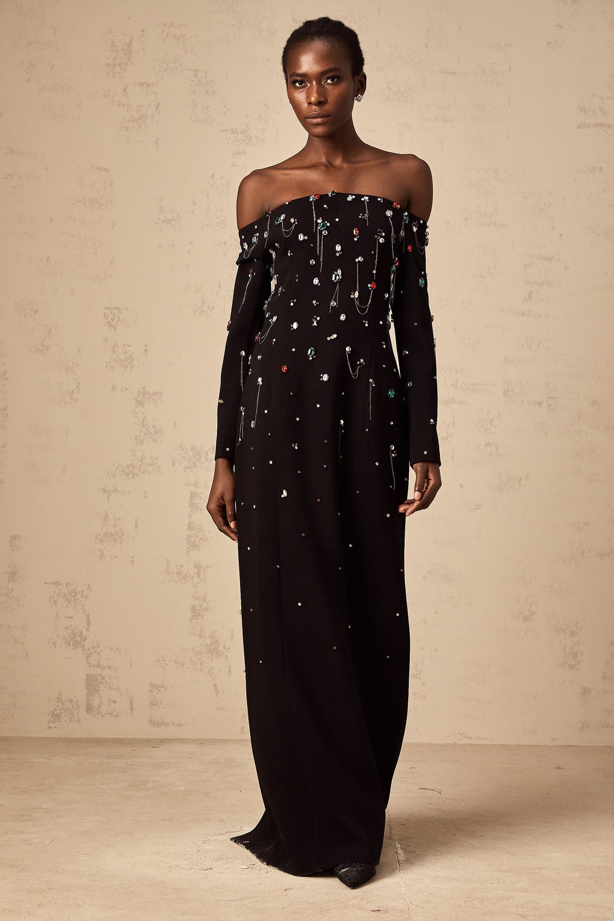 Gabrielle black crystal off-shoulder maxi dress (Final Sale)