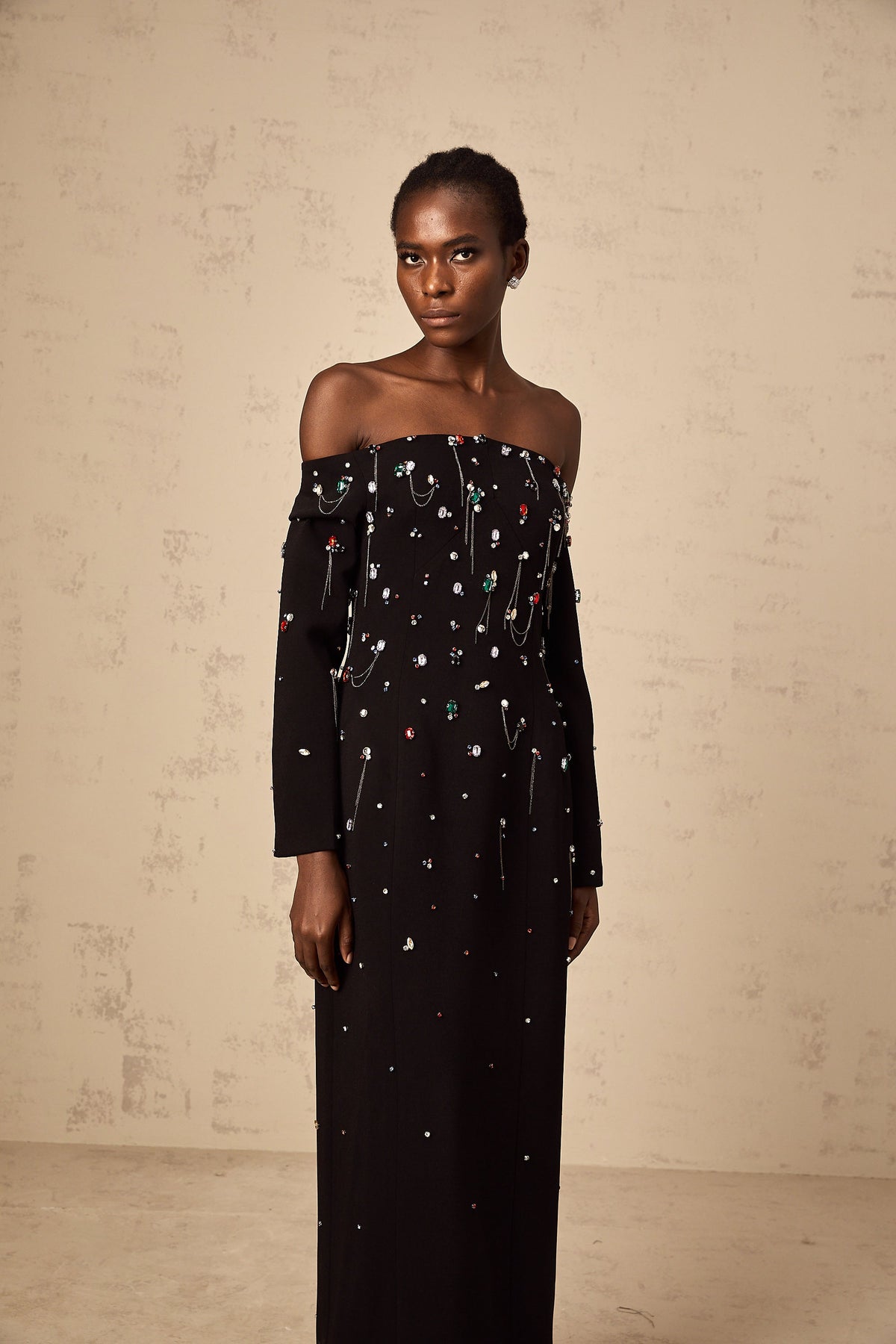 Gabrielle black crystal off-shoulder maxi dress (Final Sale-US Only)