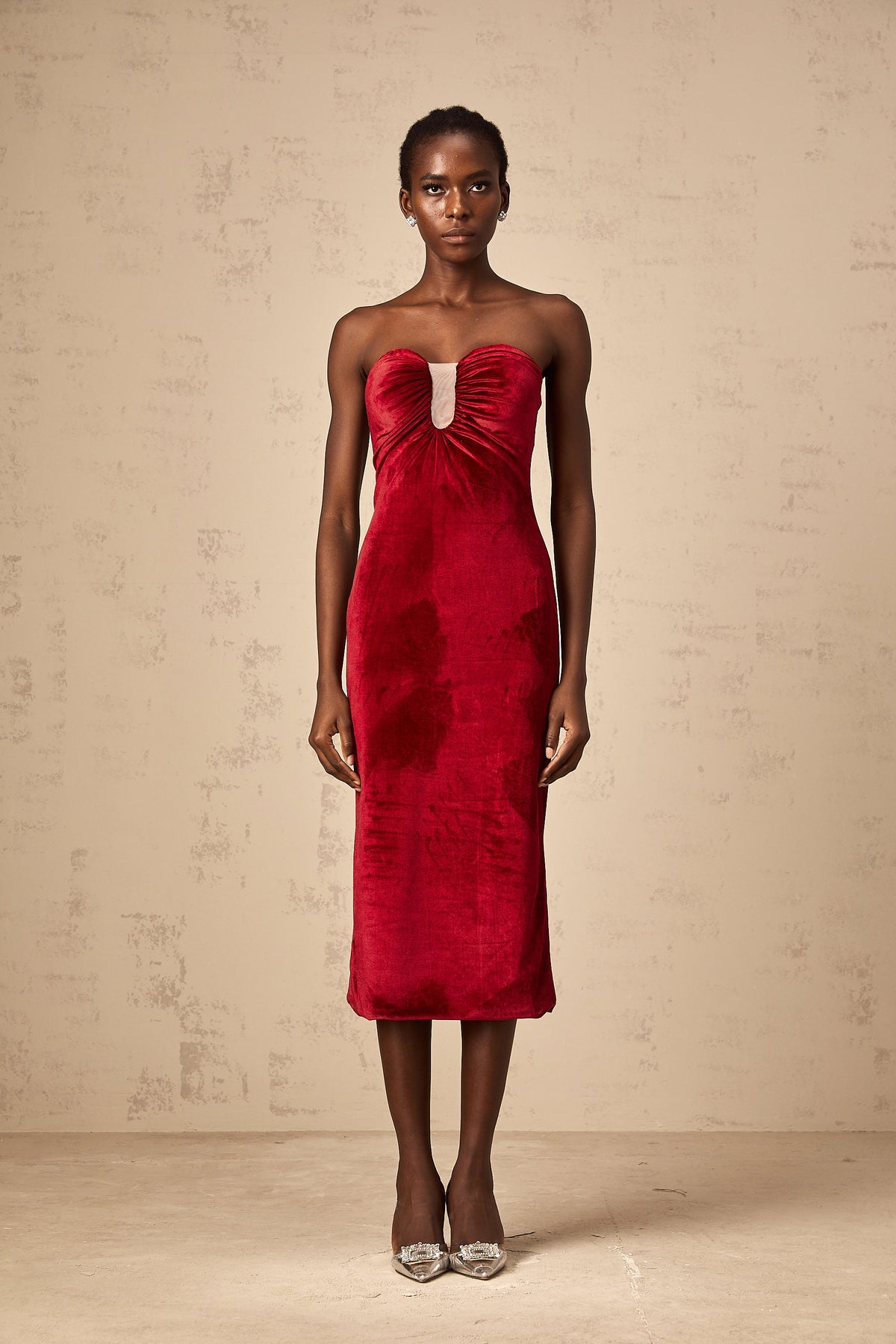 Tiphaine red gathered-detail velvet midi dress