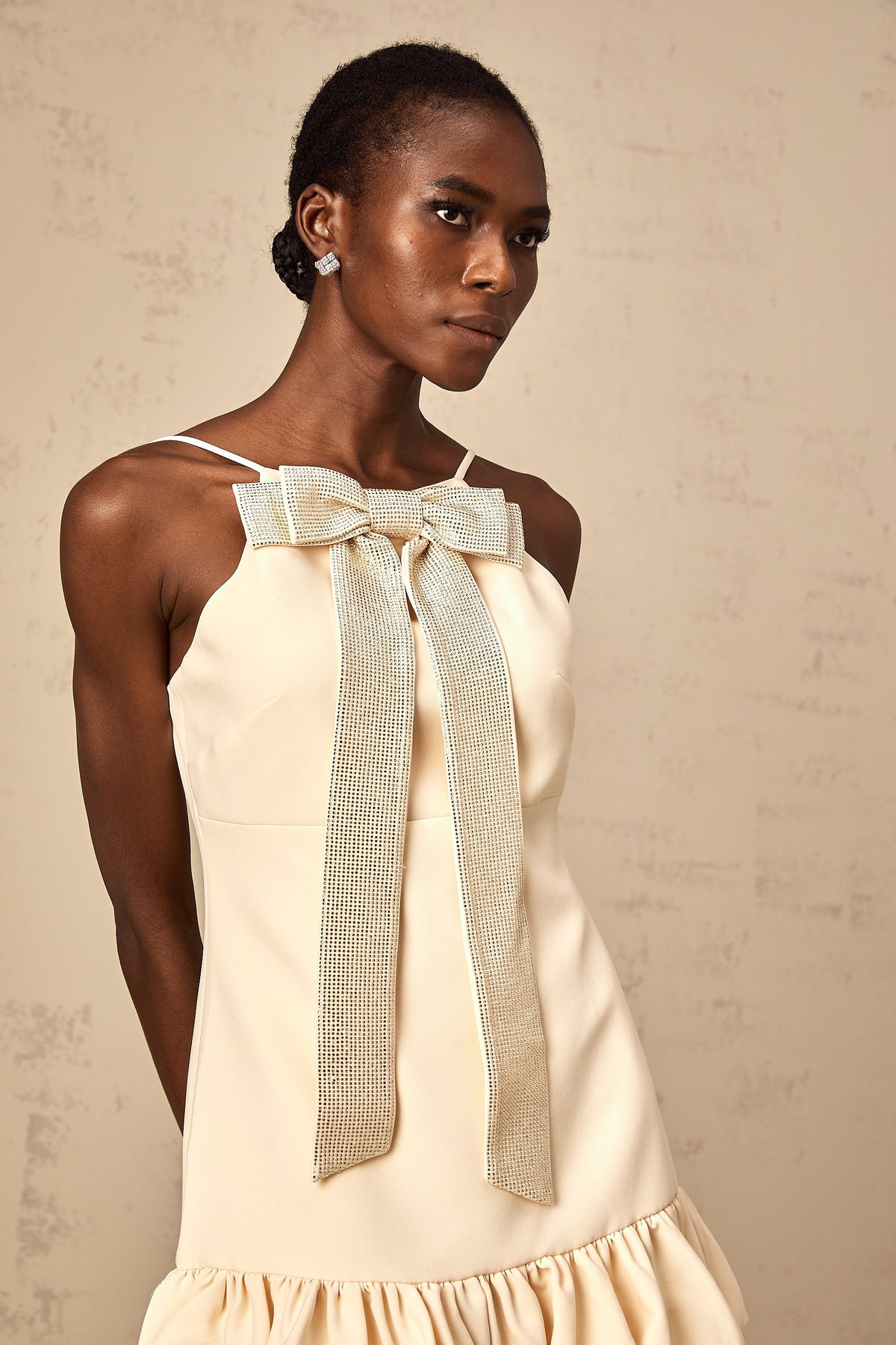 Hannah neutrals bow rhinestone mini dress