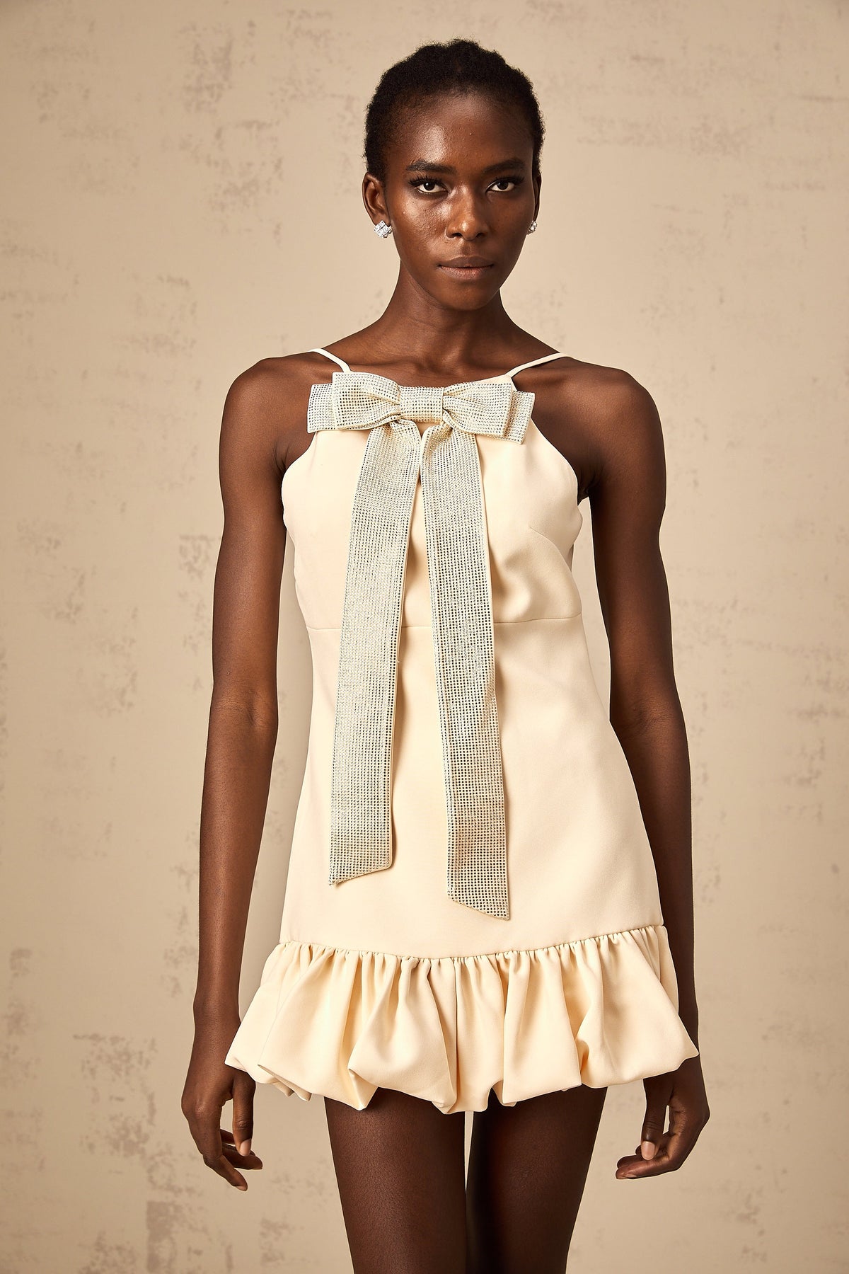 Hannah neutrals bow rhinestone mini dress