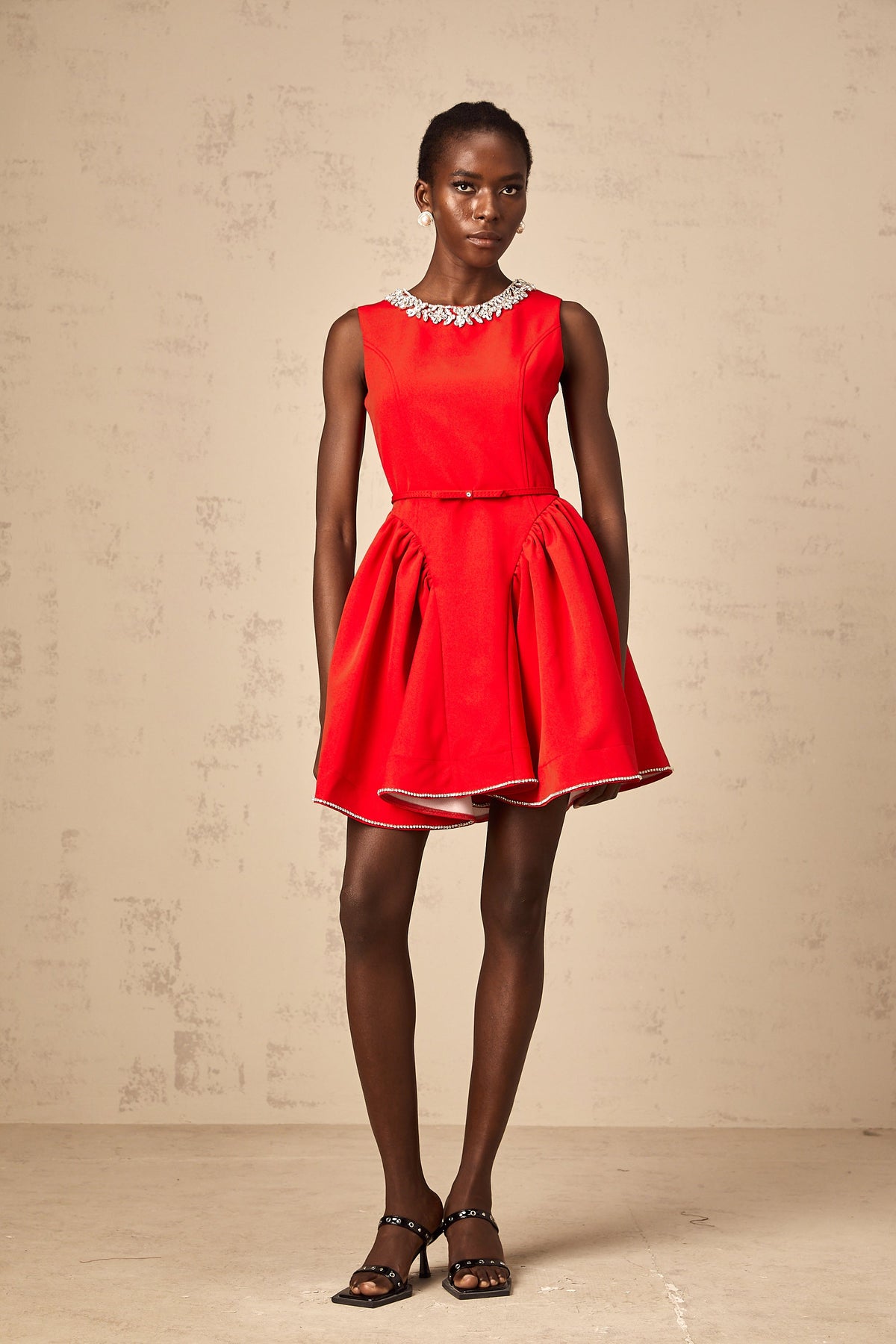 Léonie red embellished pleated mini dress