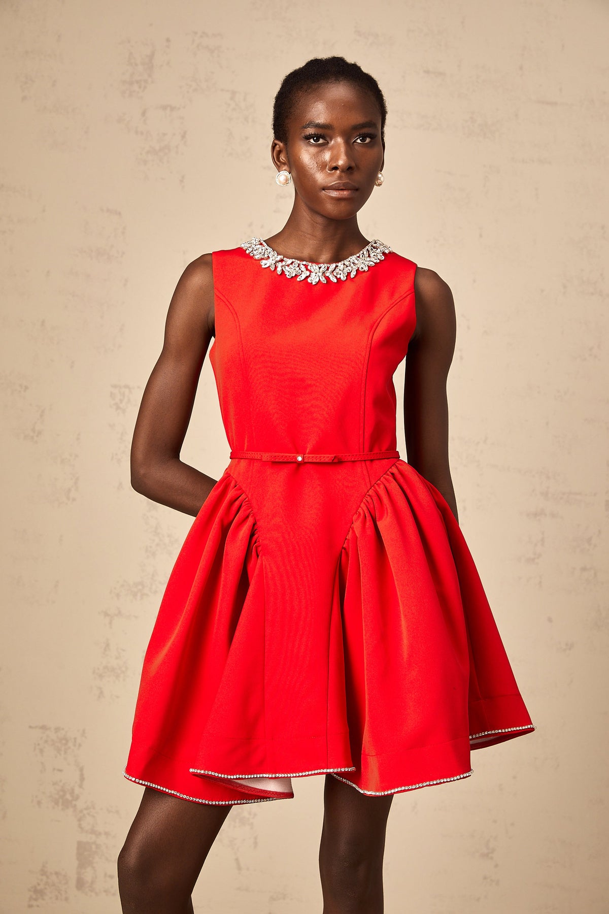 Léonie red embellished pleated mini dress