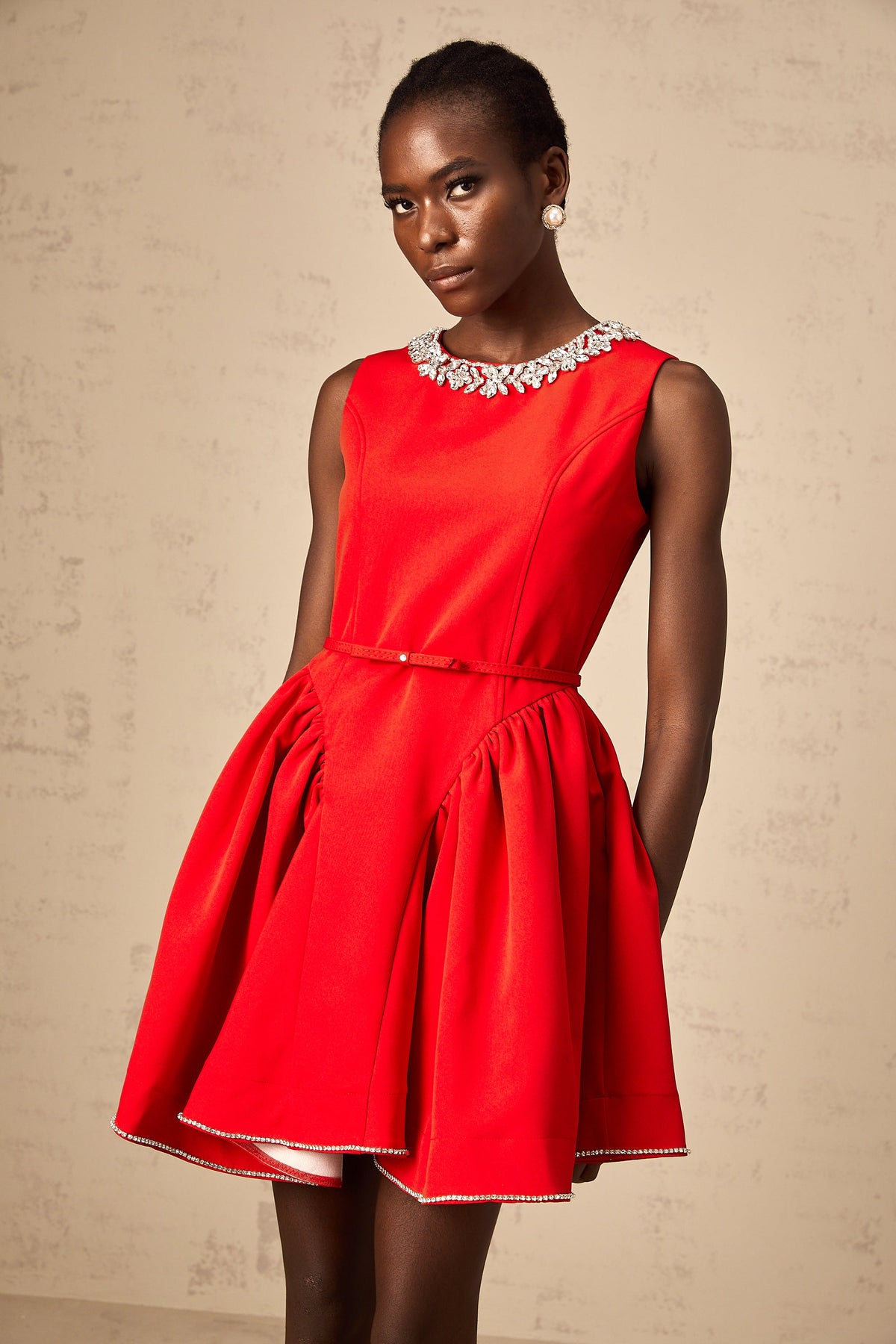 Léonie red embellished pleated mini dress