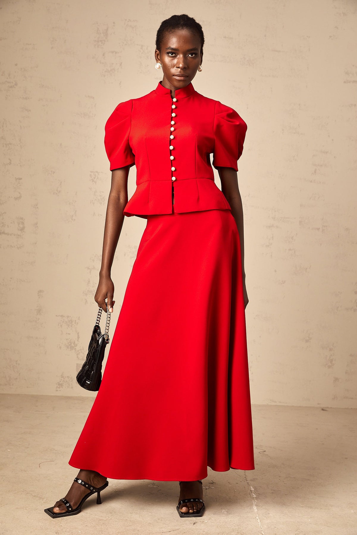 Colette red pleated blouse & skirt matching set