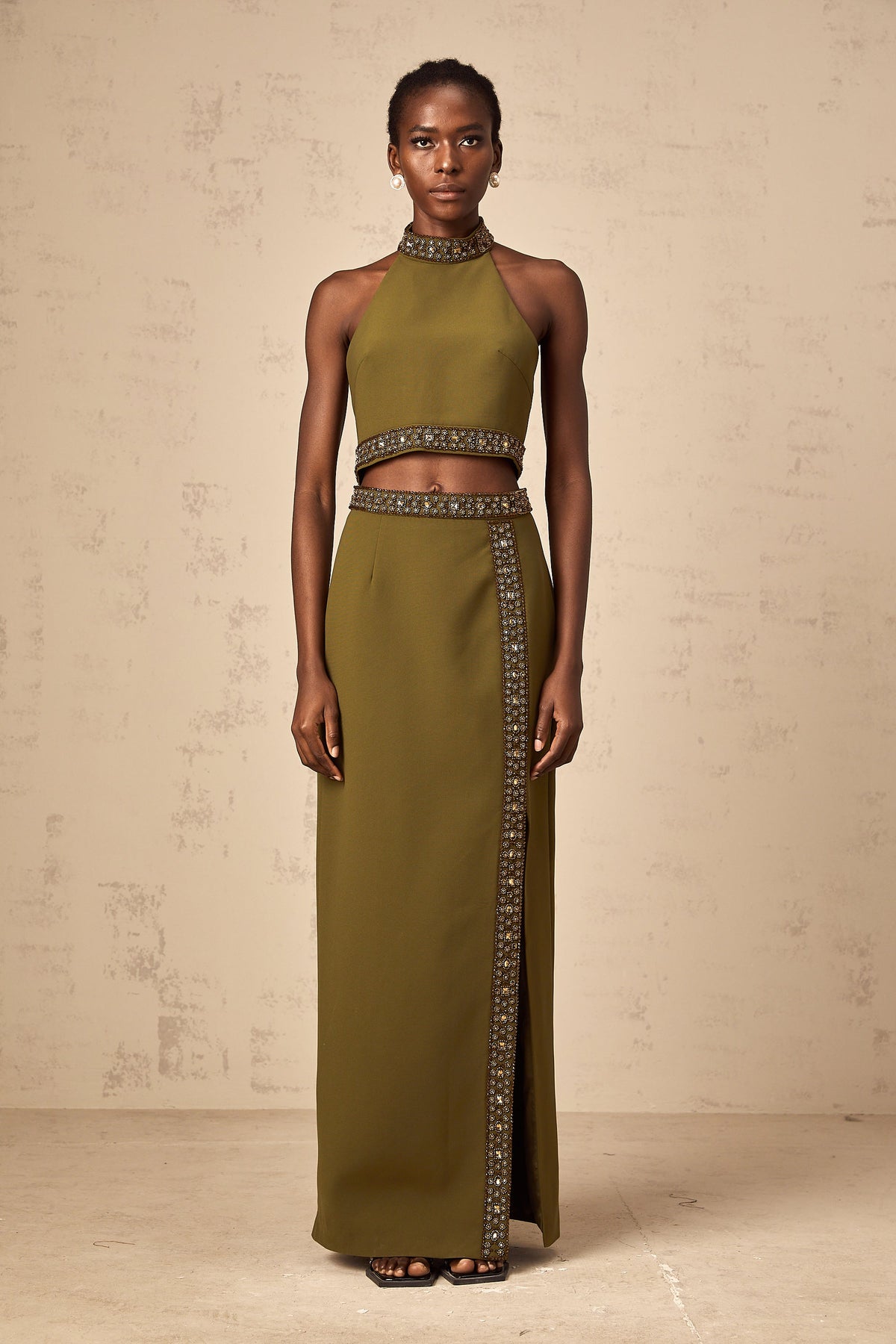 Daisy green beaded-trim top & skirt matching set