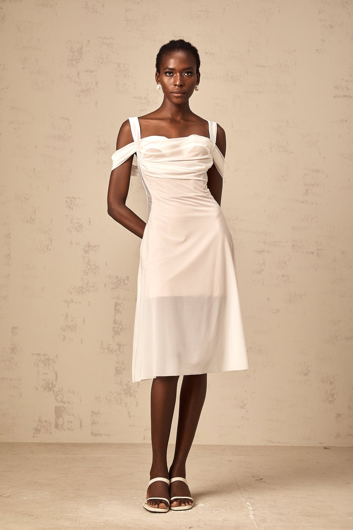 Gloria white semi-sheer ruched midi dress