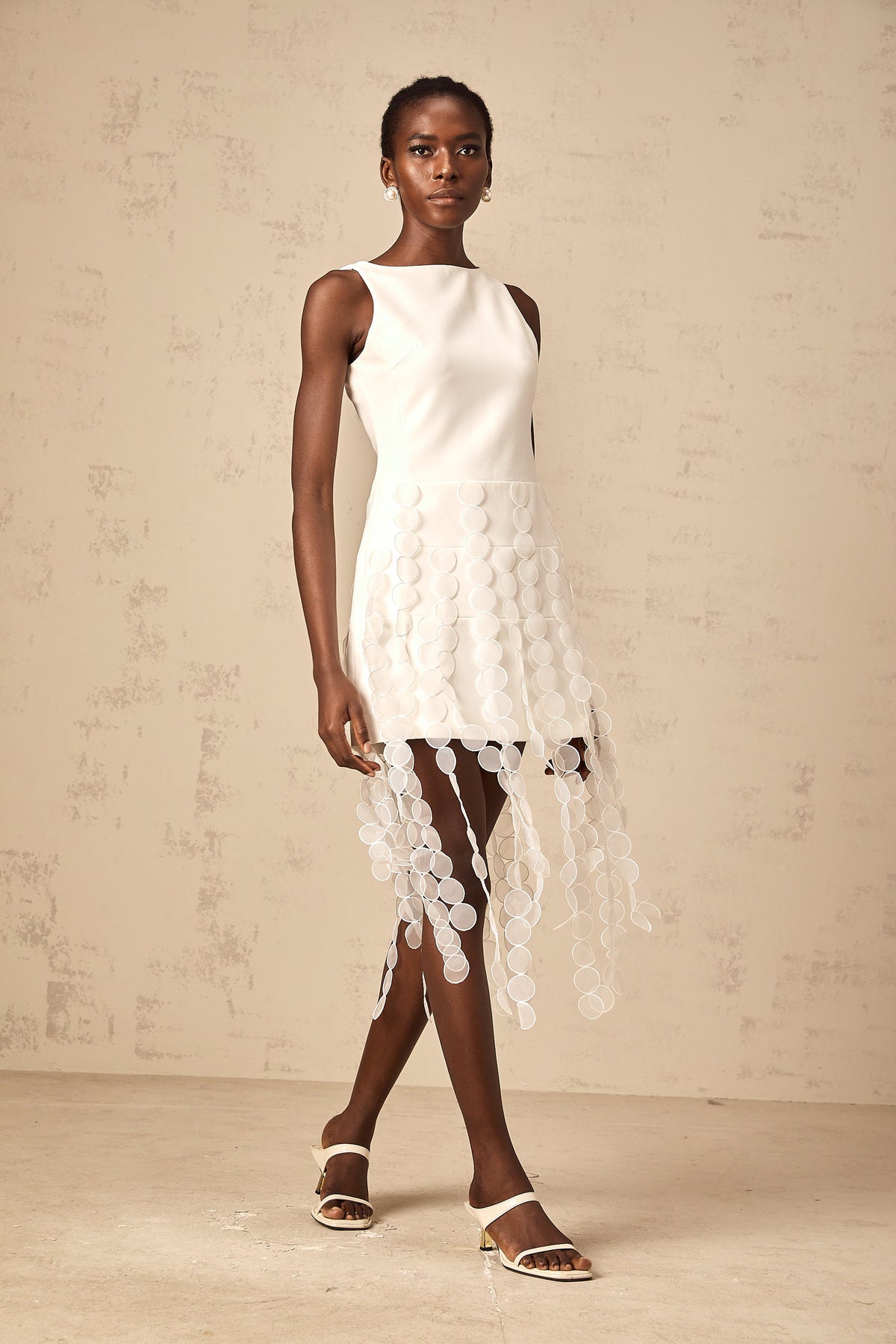 Justine white disc-design fringed midi dress
