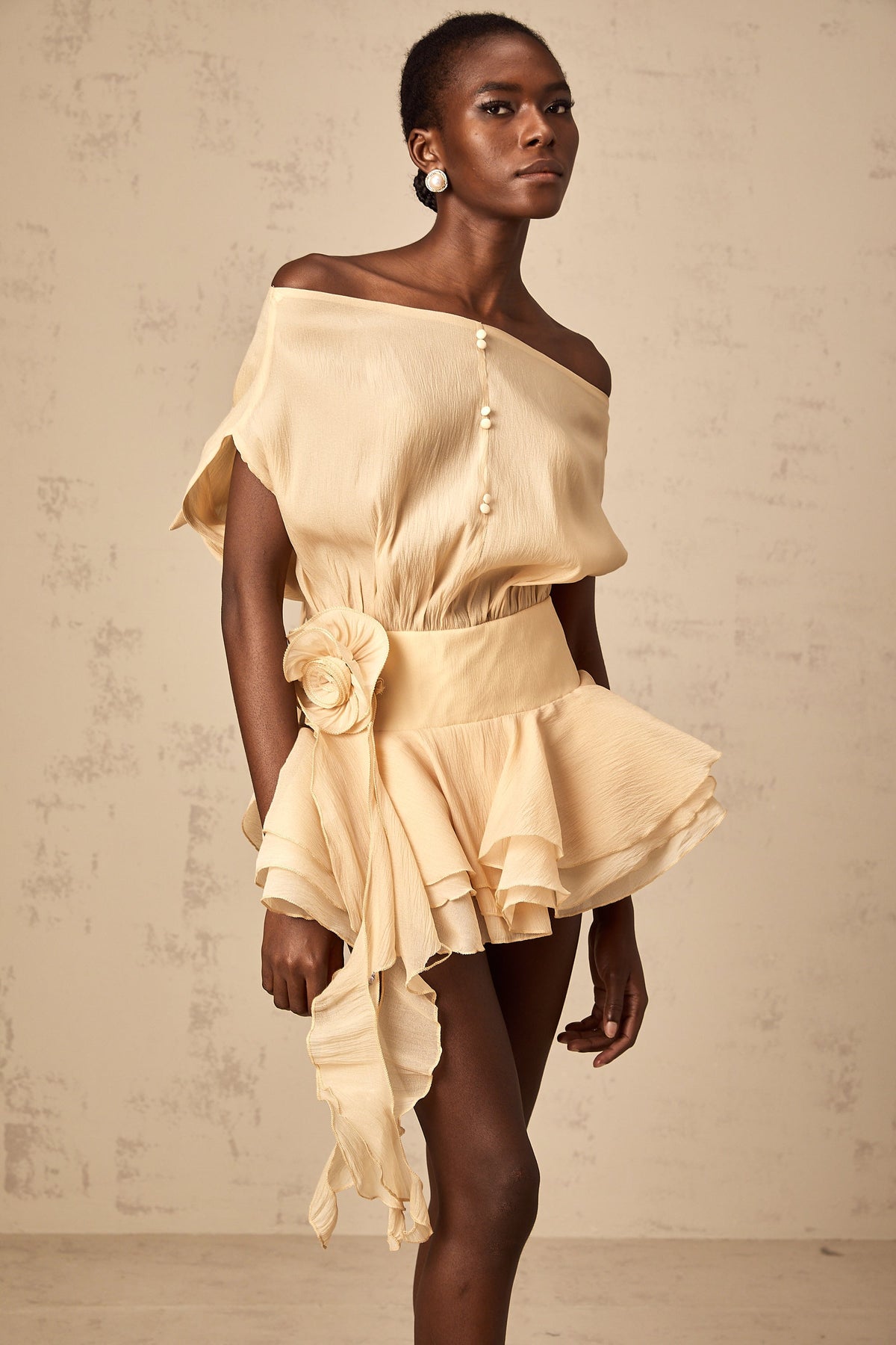 Amélie floral-appliqué flounced mini dress in Neutrals