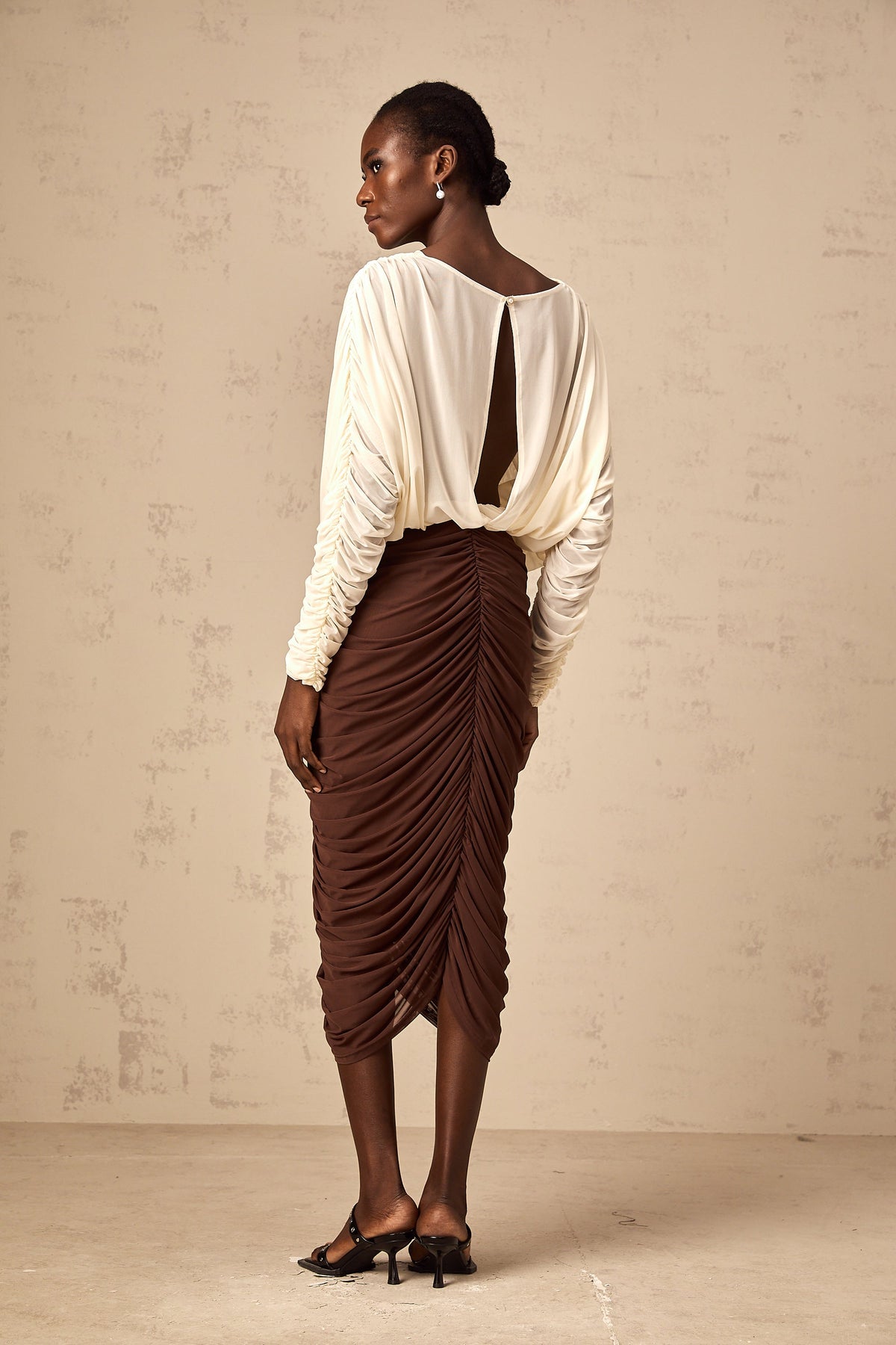 Léontine color-blocked flower-brooch ruched midi dress (Final Sale-US Only)