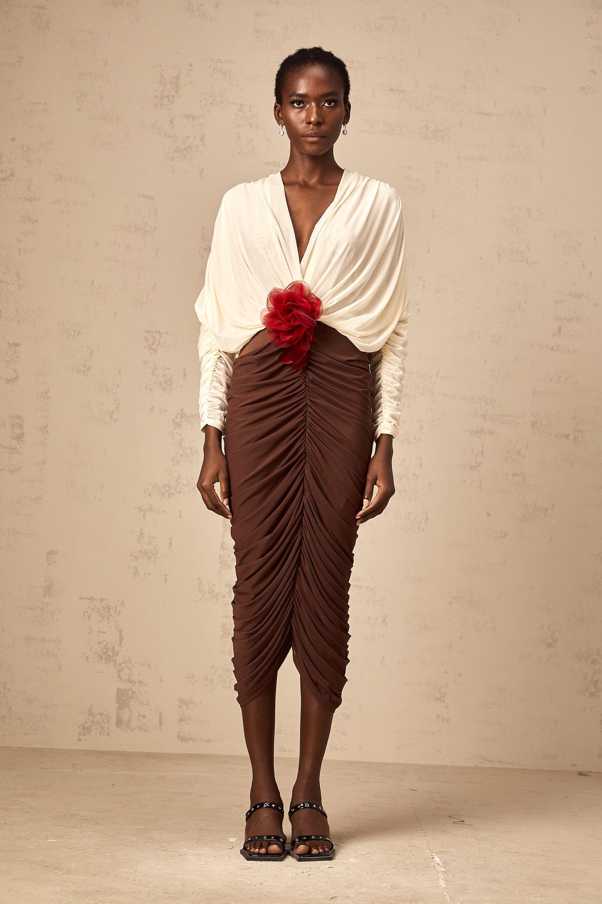 Léontine color-blocked flower-brooch ruched midi dress (Final Sale-US Only)