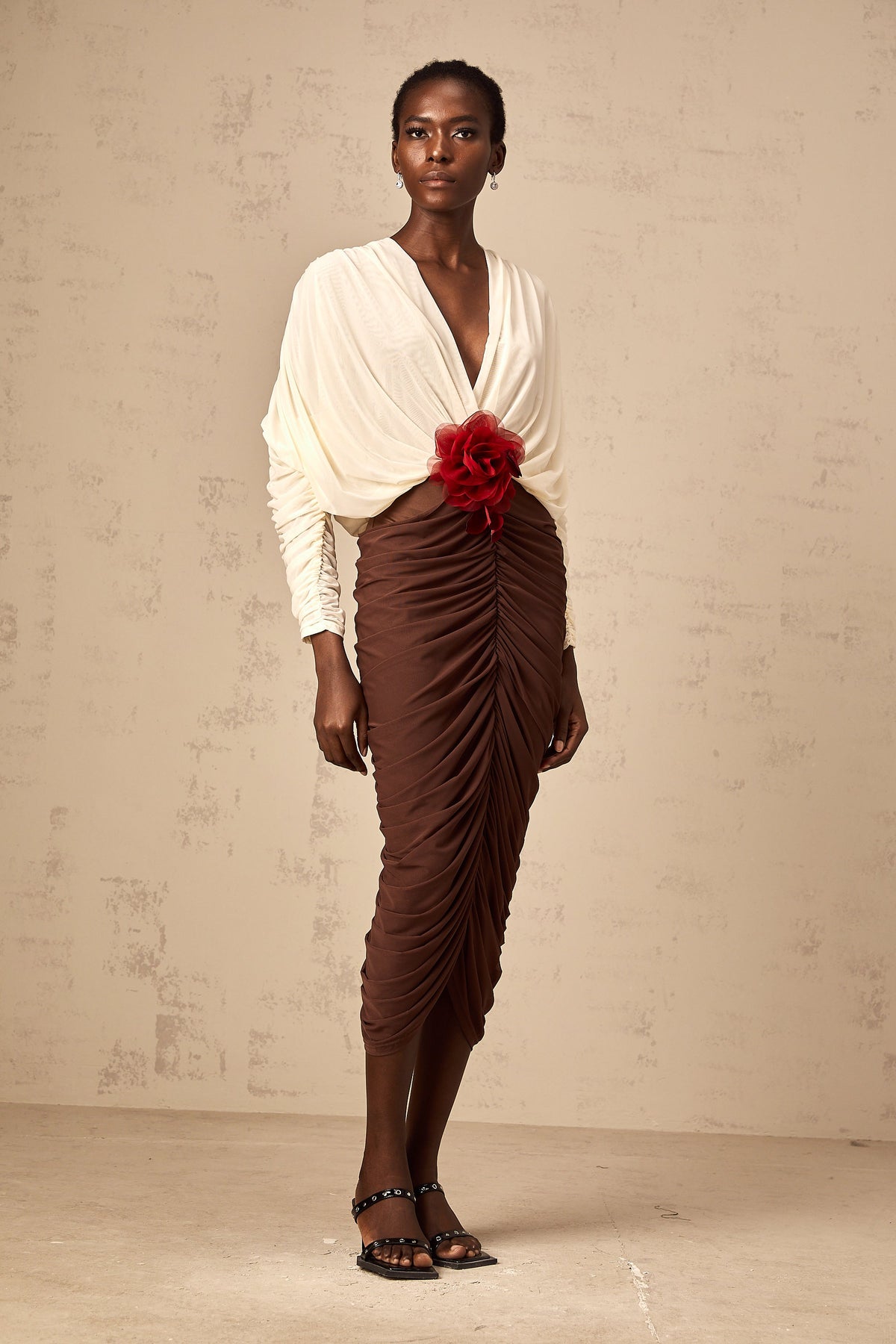 Léontine color-blocked flower-brooch ruched midi dress (Final Sale-US Only)