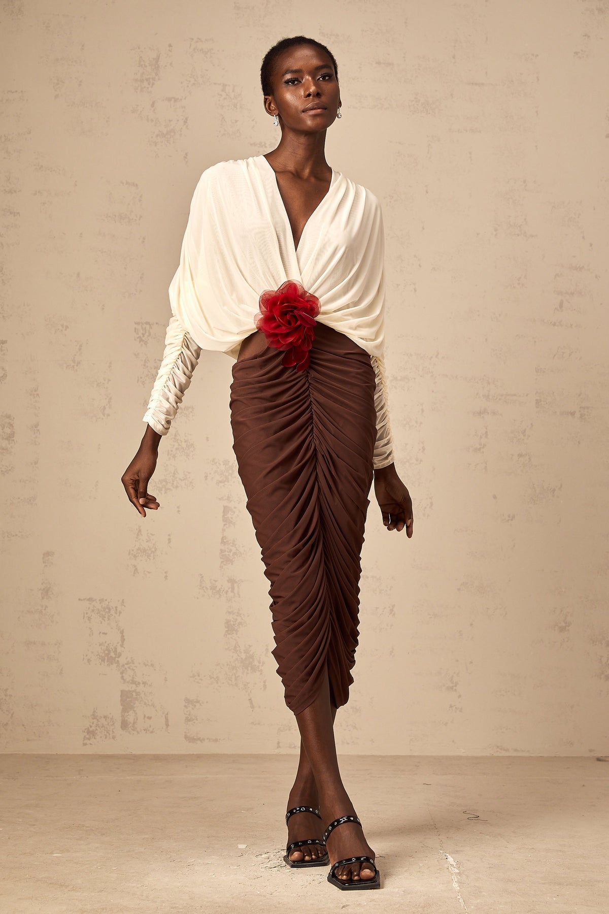 Léontine color-blocked flower-brooch ruched midi dress (Final Sale)