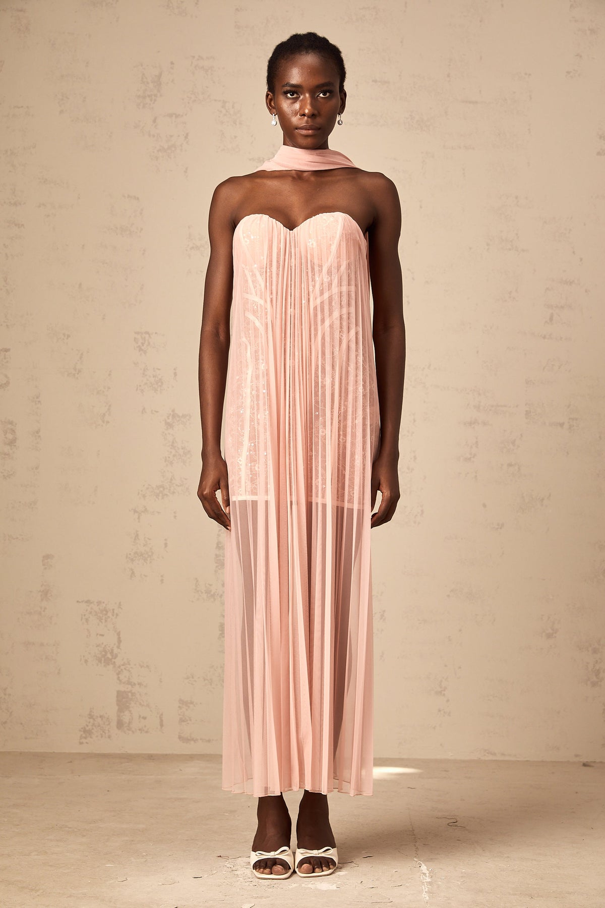 Monique ribbon-design pleated tulle maxi dress in Pink