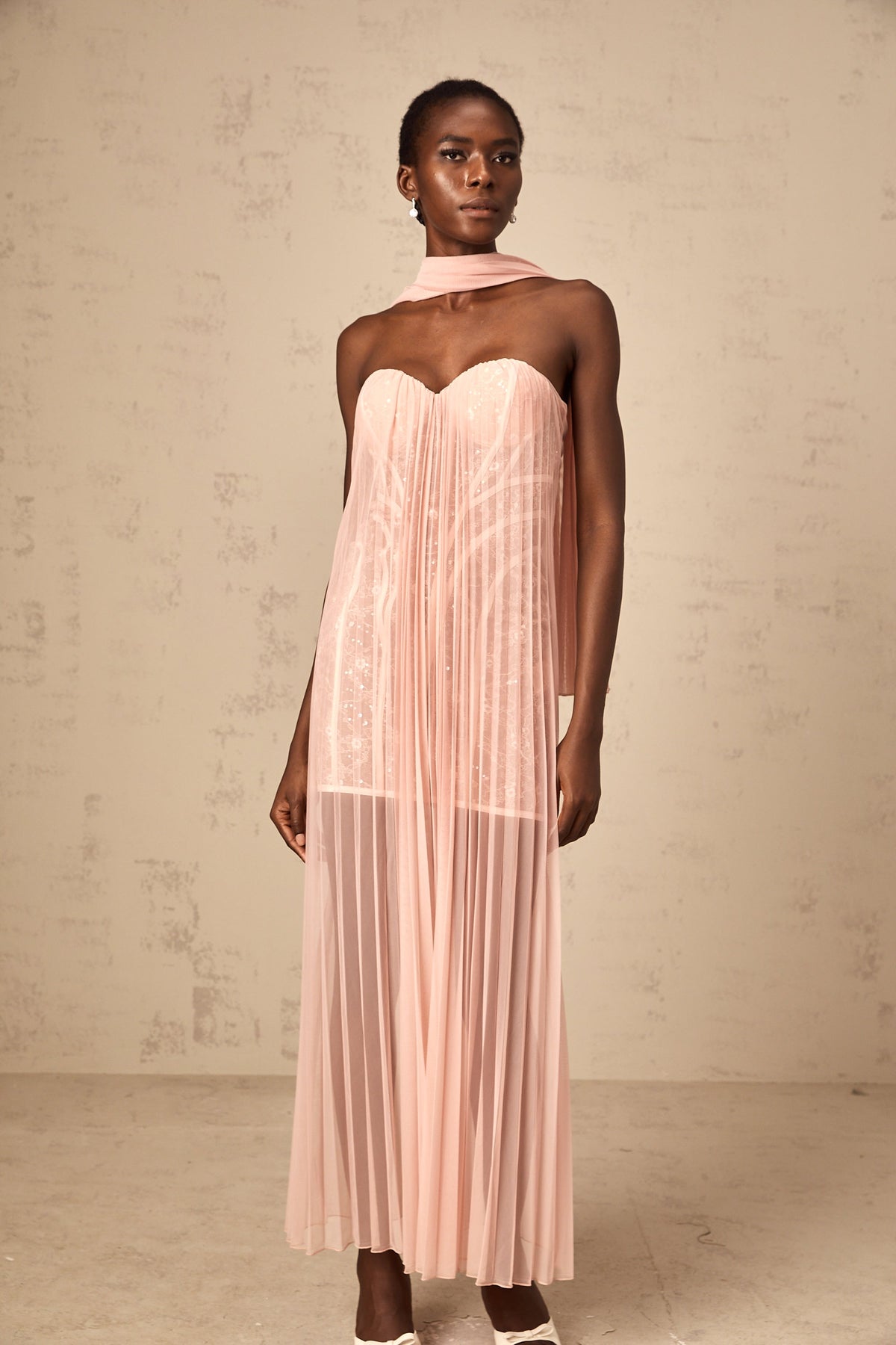Monique ribbon-design pleated tulle maxi dress in Pink