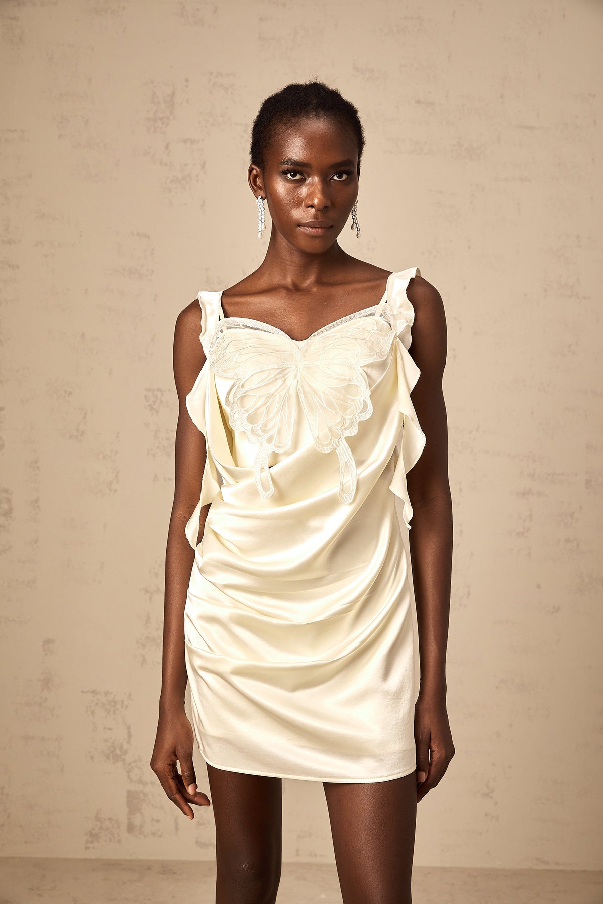Sylvia neutrals butterfly draped mini dress