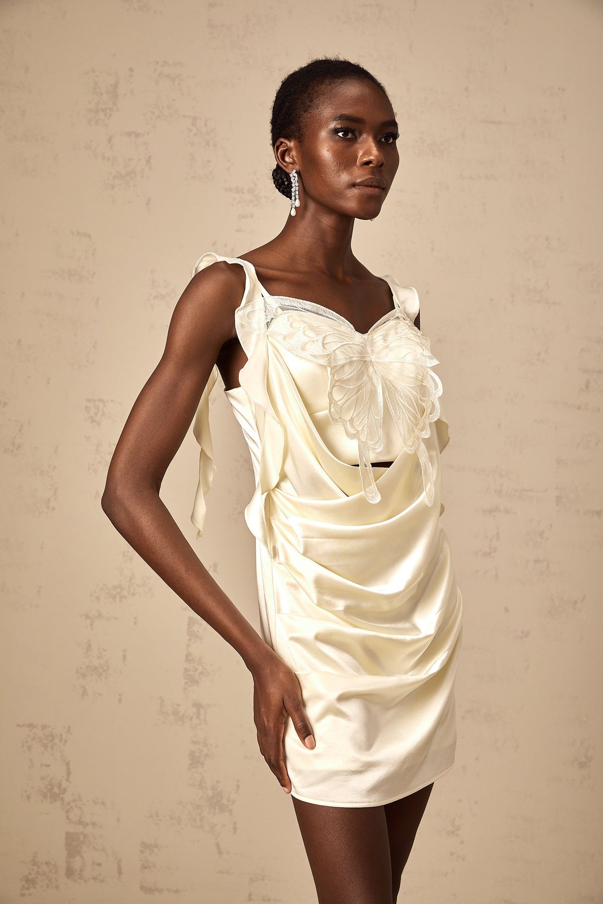 Sylvia neutrals butterfly draped mini dress