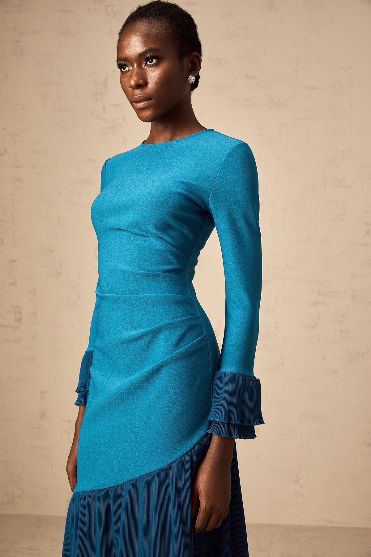 Fleurida ruffled-trim panelled midi dress in Blue
