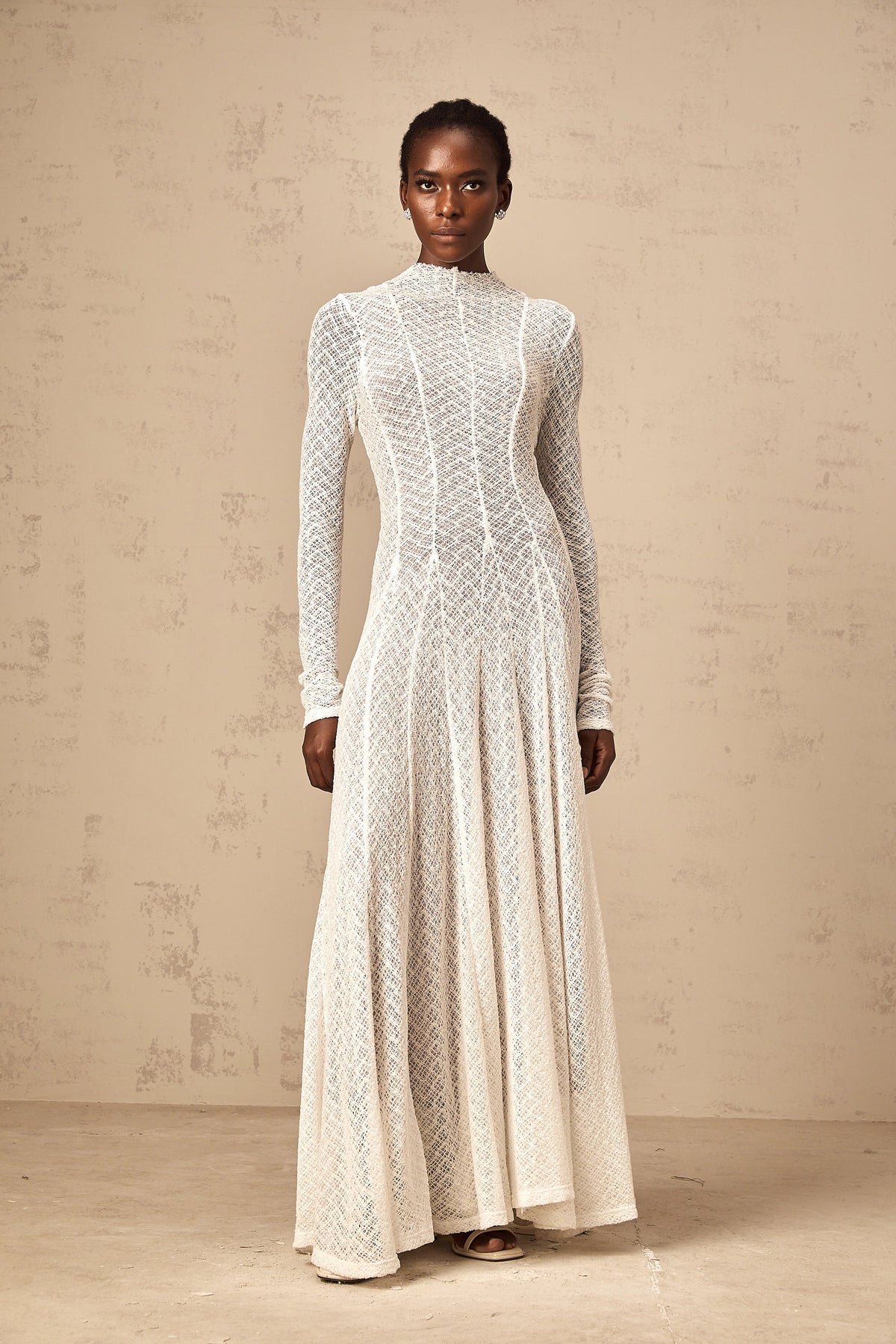 Athena wavy-pattern lace maxi dress in White