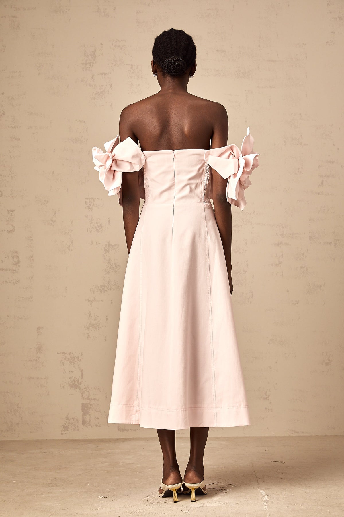 Juliette pink off-shoulder 3D-petal midi dress (Final Sale-US Only)
