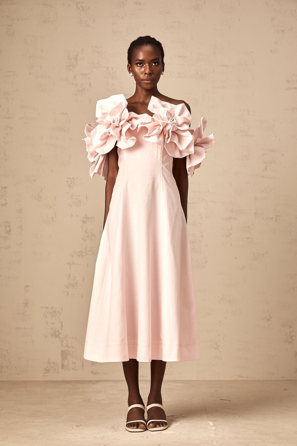Juliette pink off-shoulder 3D-petal midi dress (Final Sale-US Only)