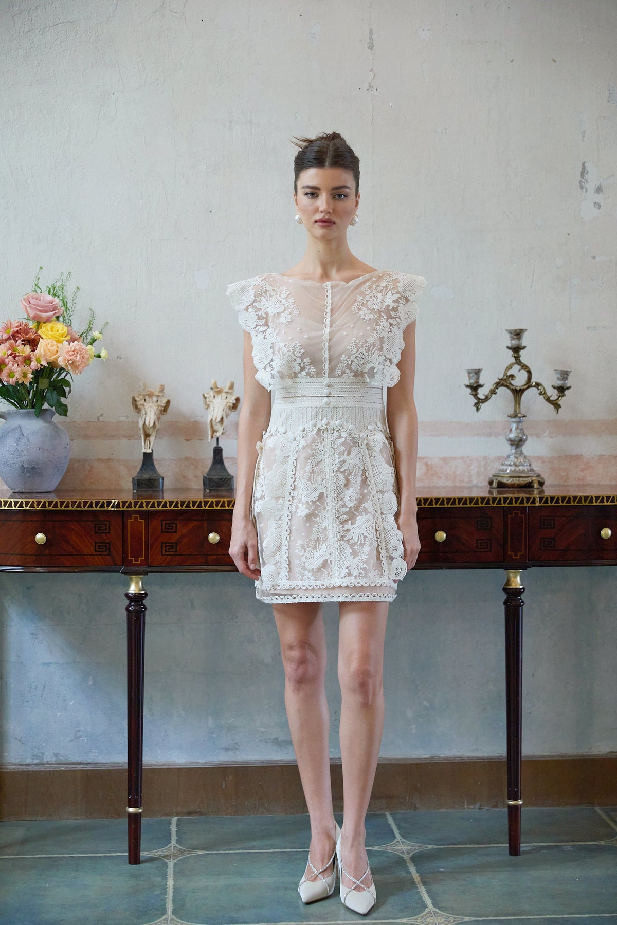 Maïa white floral-embroidered lace mini dress